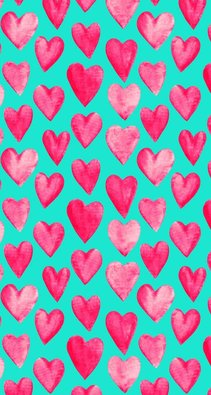 pink hearts, turquoise background, watercolor pattern, HD Phone Wallpaper