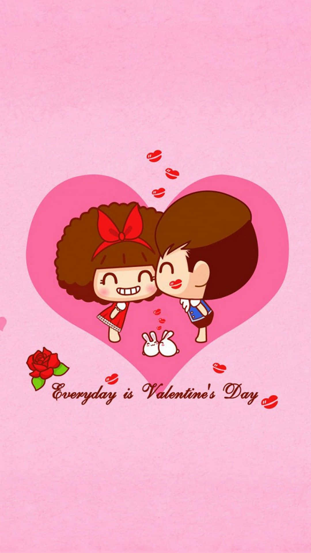 Valentines Day iPhone, pink heart, cartoon lovers, Full HD Phone Wallpaper