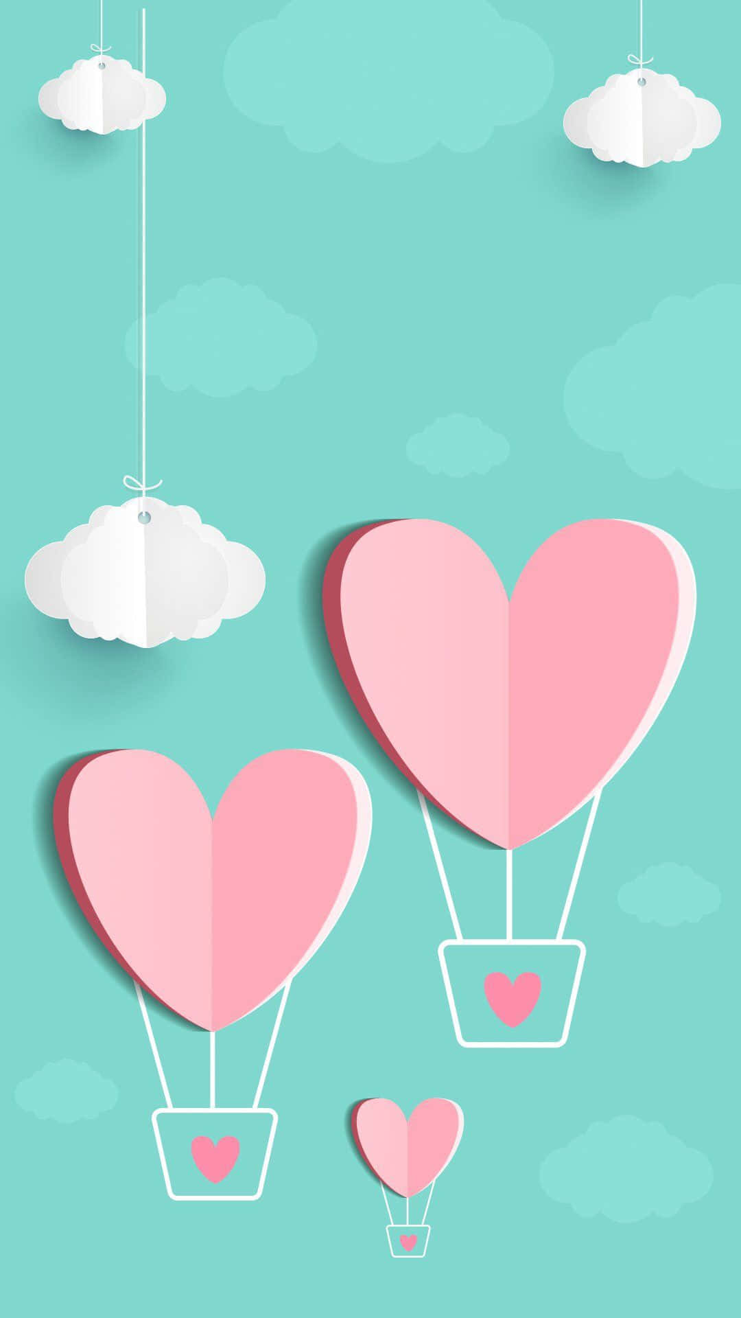 Pink paper heart hot air balloons, white clouds, soft teal sky, Full HD Phone Wallpaper