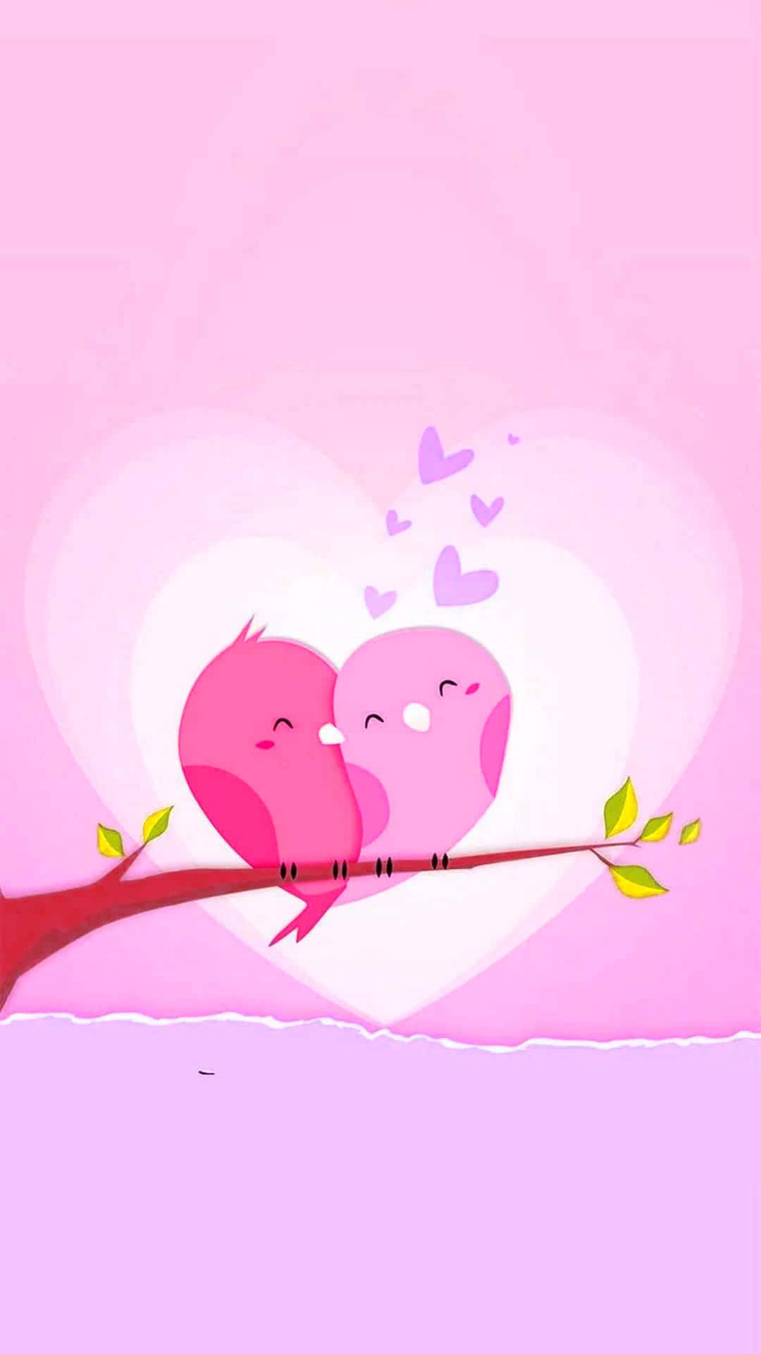 Valentines Day Phone, pink cartoon birds, branch, Full HD Phone Wallpaper
