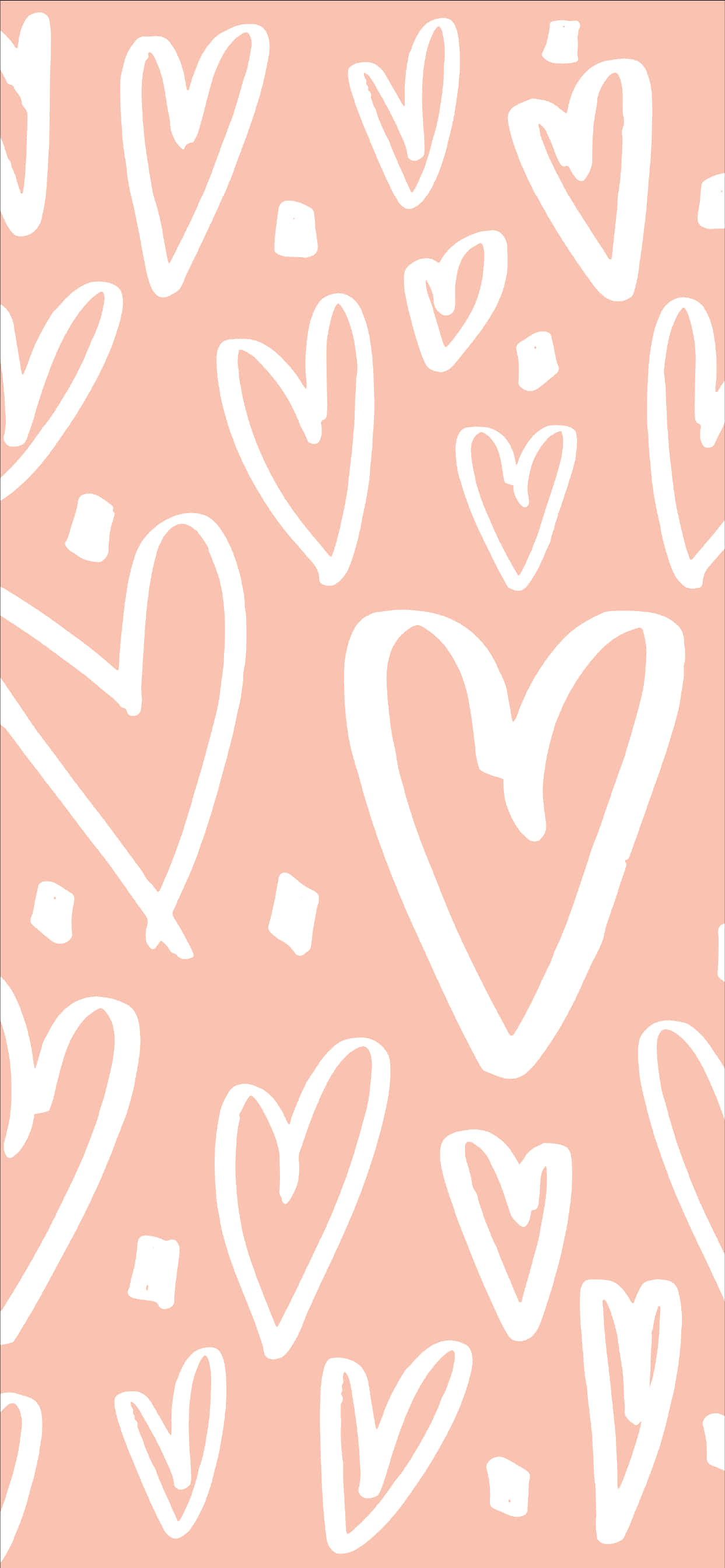 Valentines Day Phone, peach background, white hand-drawn hearts, 2K Phone Wallpaper