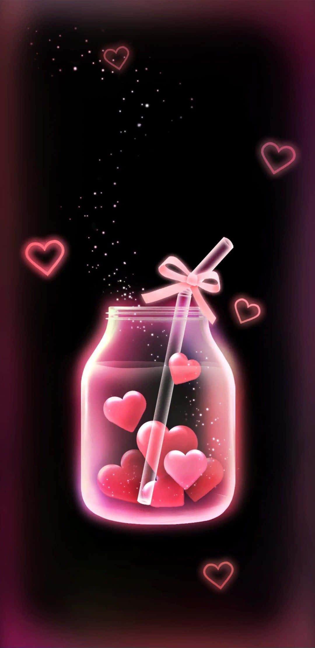 glowing pink mason jar, floating hearts, sparkling dust, Full HD Phone Wallpaper
