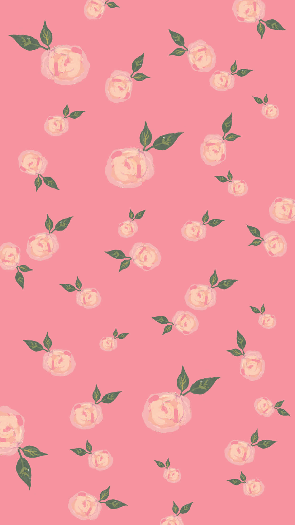 pink rose pattern, green leaves, pastel pink background, Full HD Phone Wallpaper