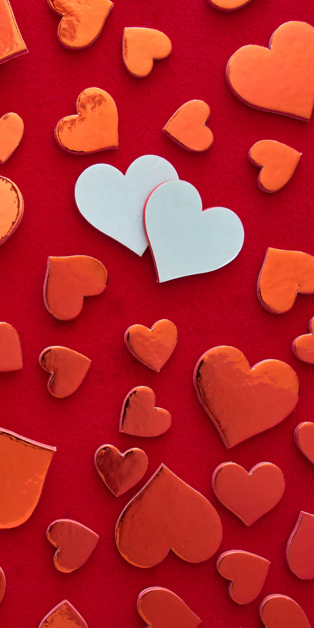 Valentines Day Phone, red background, glossy orange hearts, Full HD Phone Wallpaper