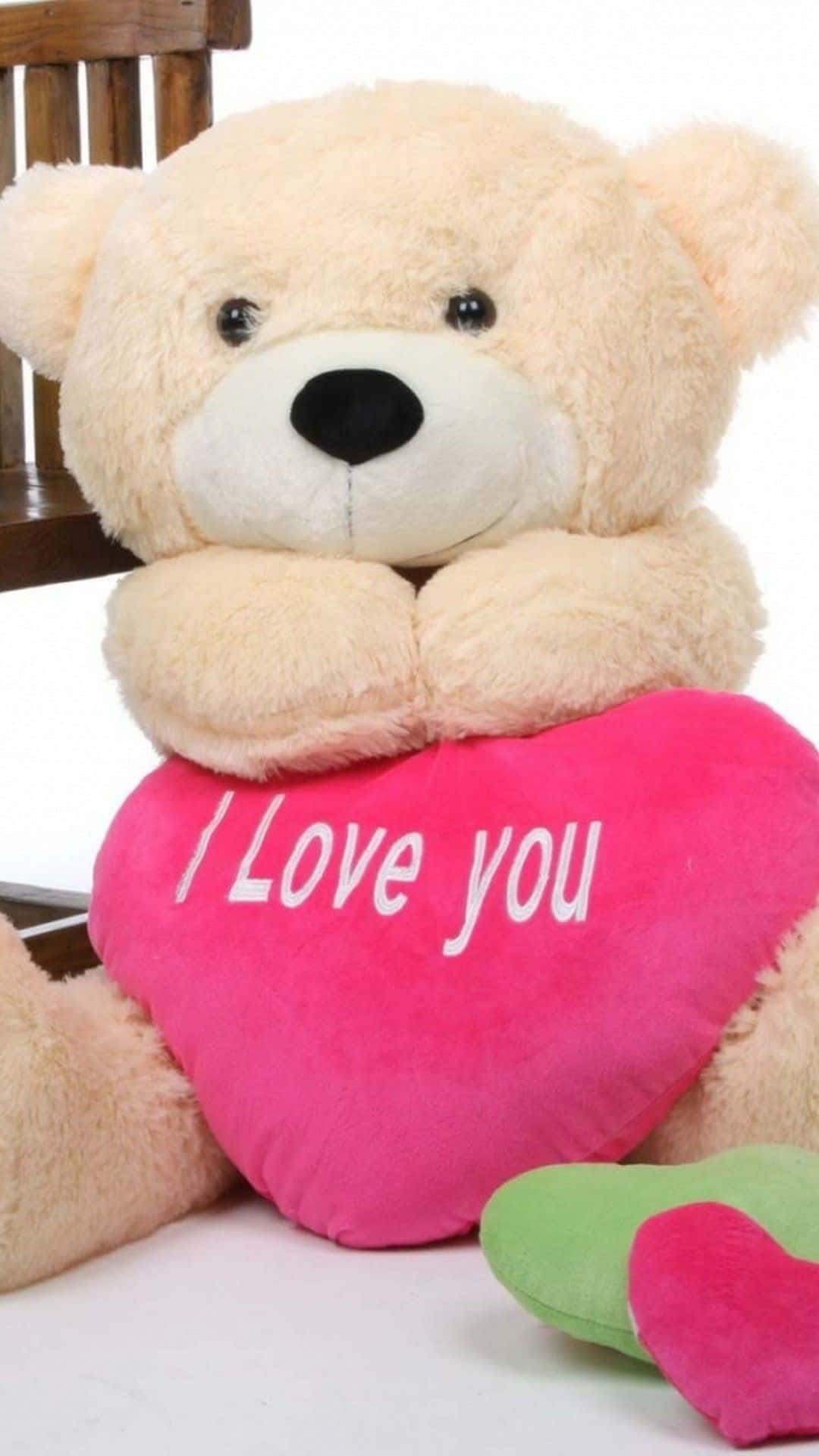 pink teddy bear, bright pink heart pillow, white text reading I Love you, Full HD Phone Wallpaper