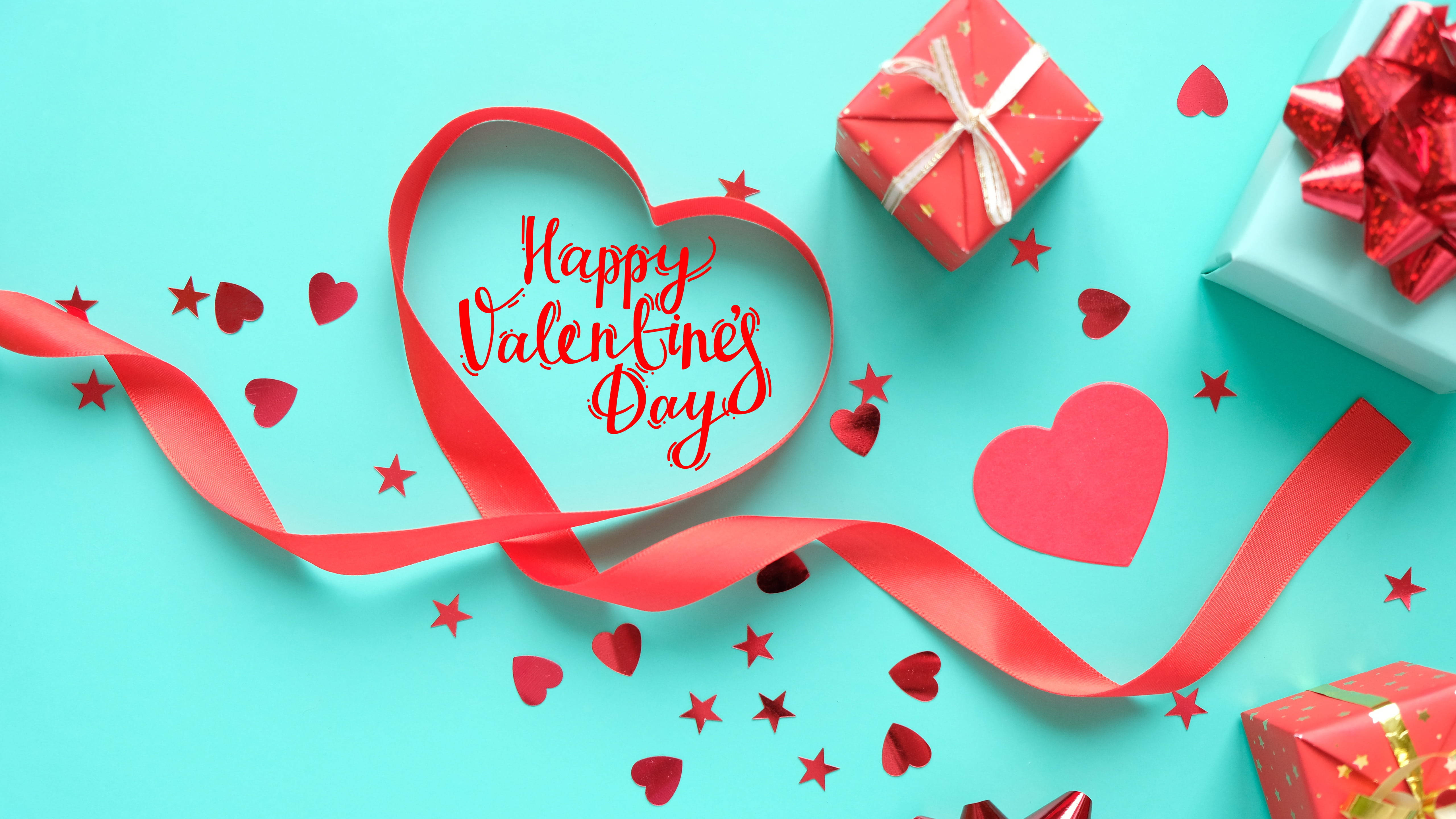 Teal Happy Valentine's Day, turquoise background, red ribbon heart, 5K Desktop Wallpaper