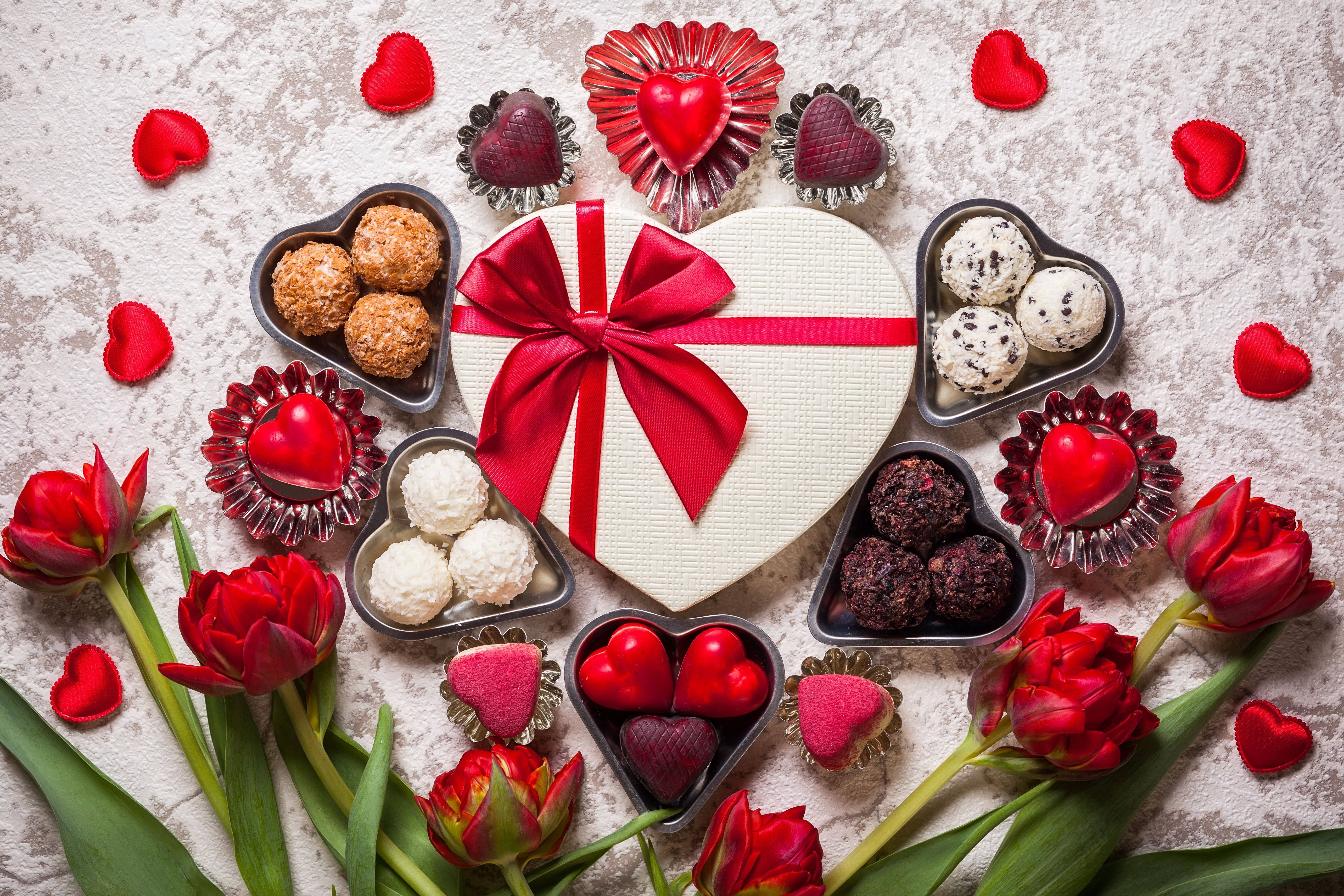 Valentines Day, heart-shaped gift box, red ribbon, 5K Desktop Wallpaper