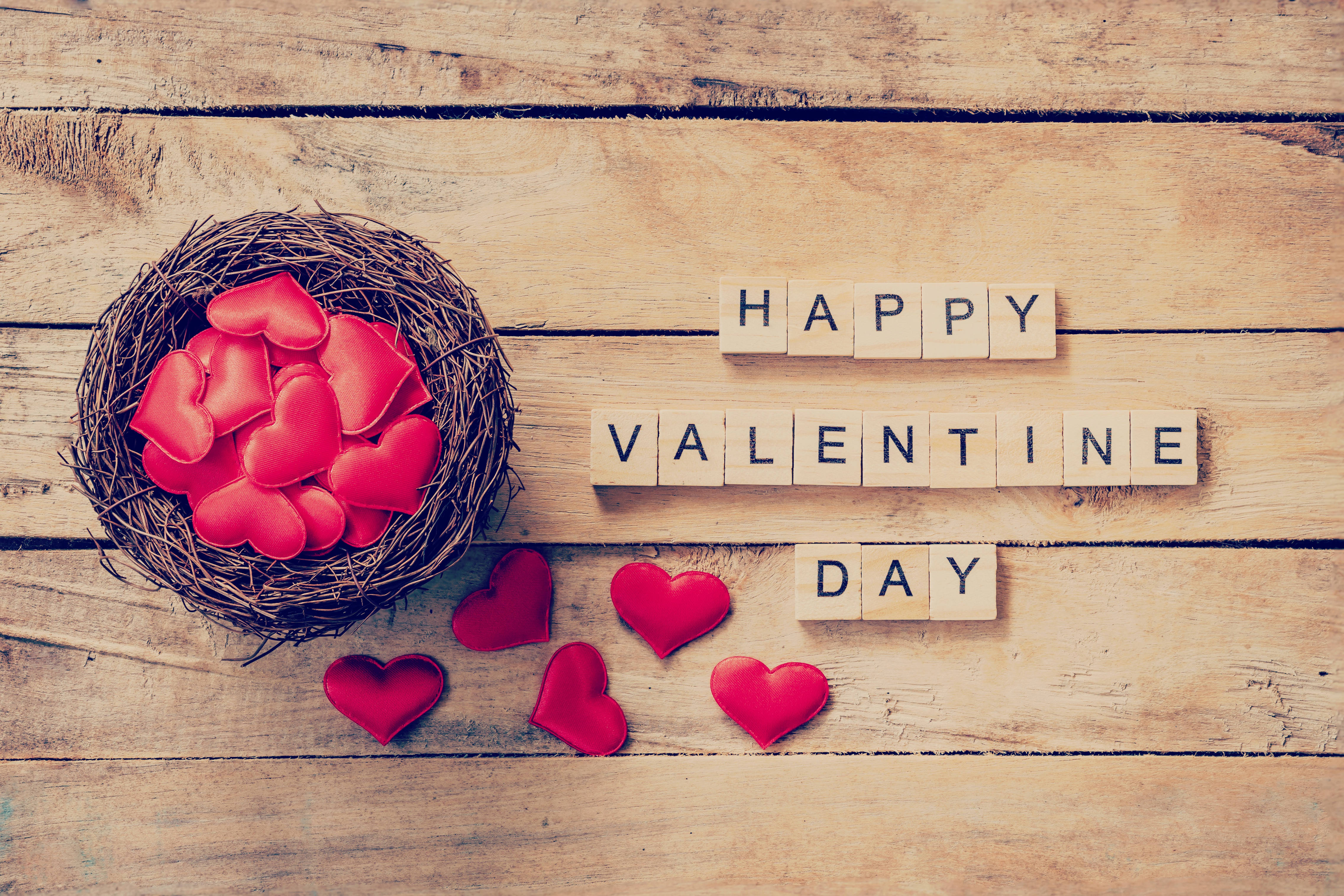 Valentines Day, red hearts, woven nest, 4K Desktop Wallpaper
