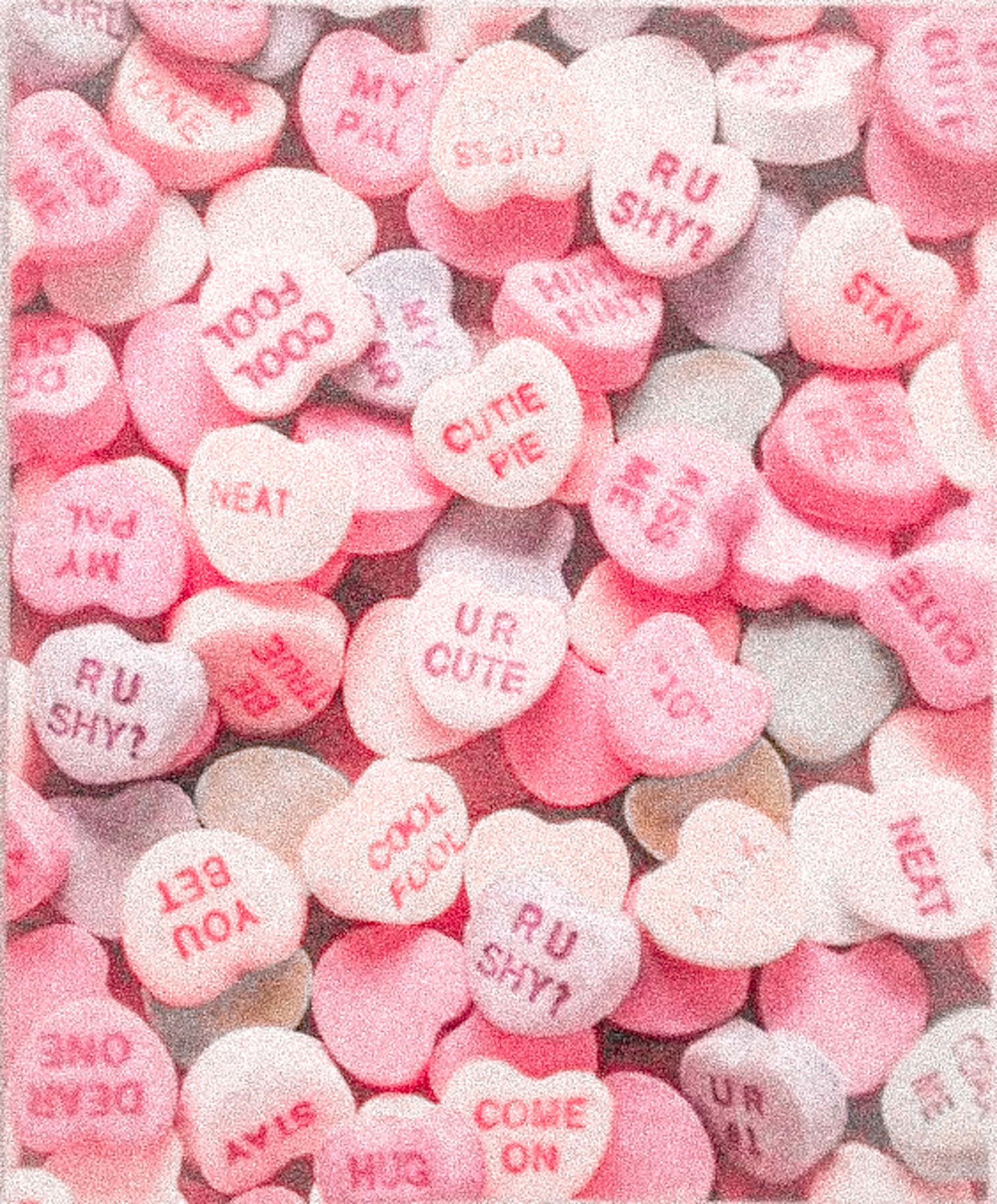heart-shaped candies, pink and white, playful red text, Full HD Phone Wallpaper