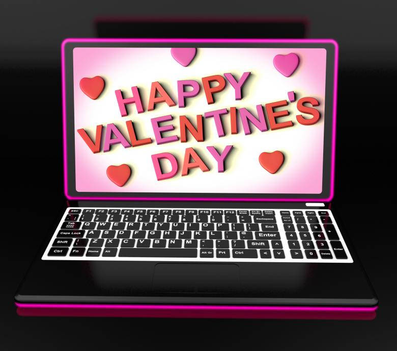 Happy Valentine's Day, sleek black laptop, glowing pink edges, SD Desktop Wallpaper