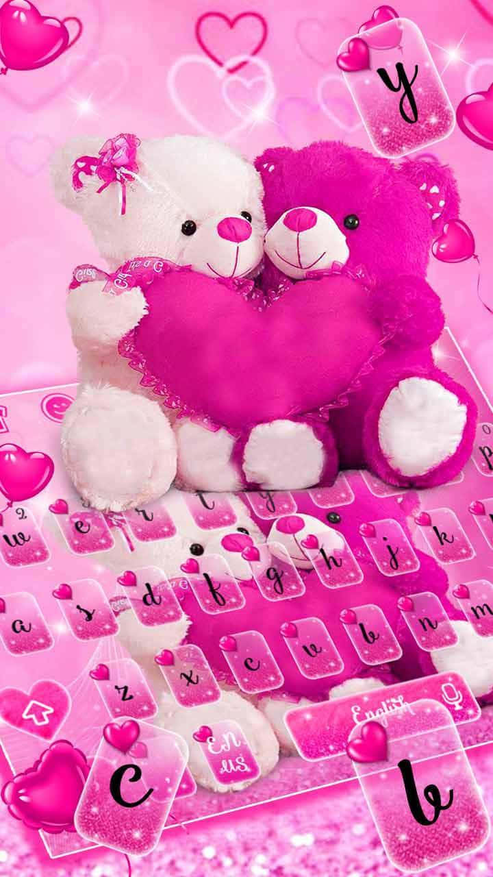 pink teddy bear, glittery pink heart, sparkling pink keyboard, HD Phone Wallpaper