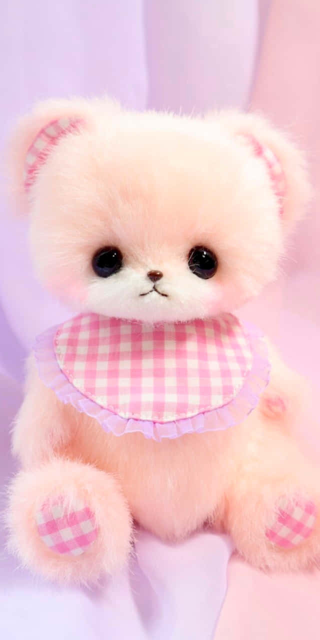 pink gingham accents, peach-colored teddy bear, pastel pink background, HD Phone Wallpaper
