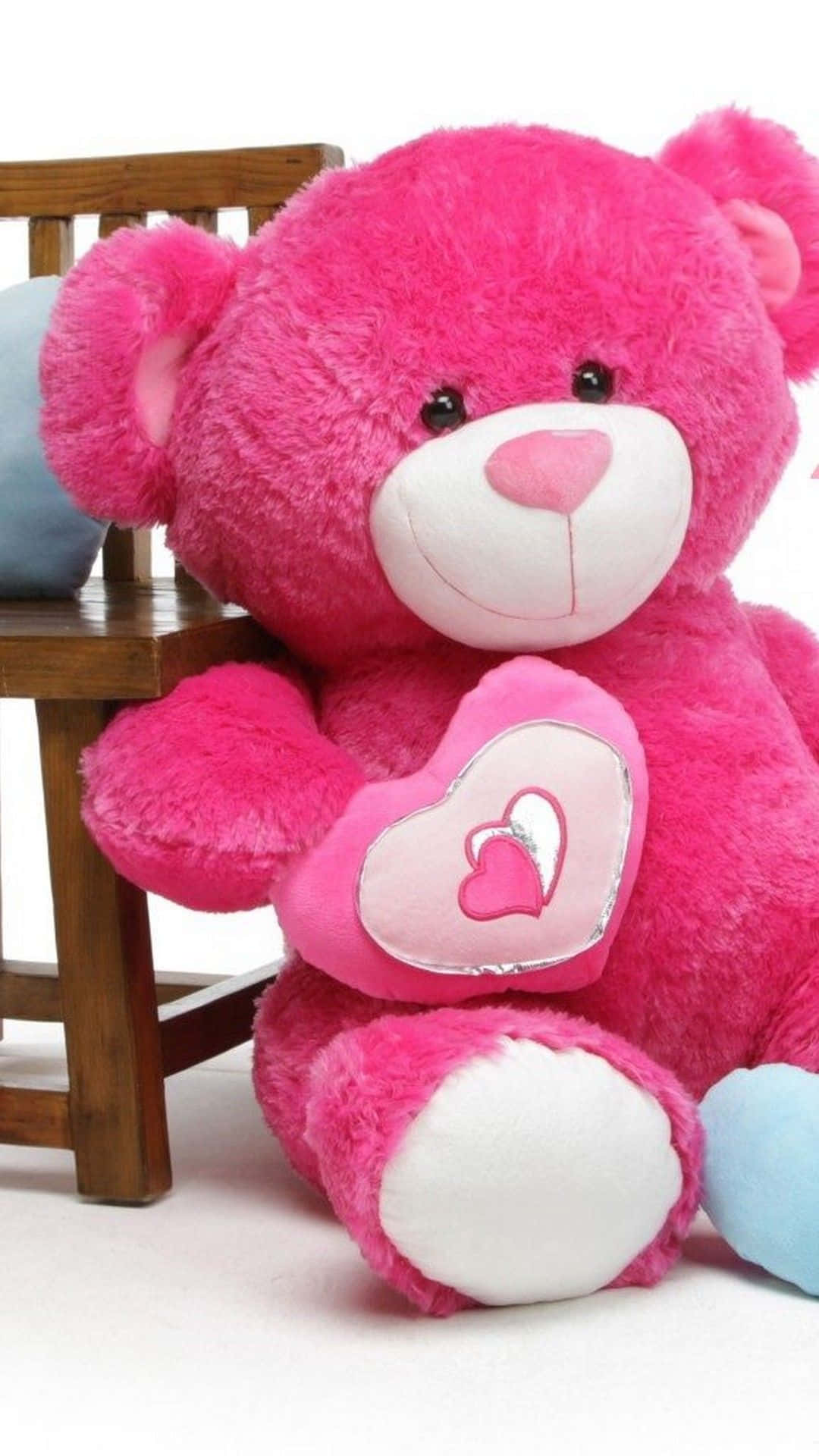 pink teddy bear, heart patch, wooden chair, Full HD Phone Wallpaper