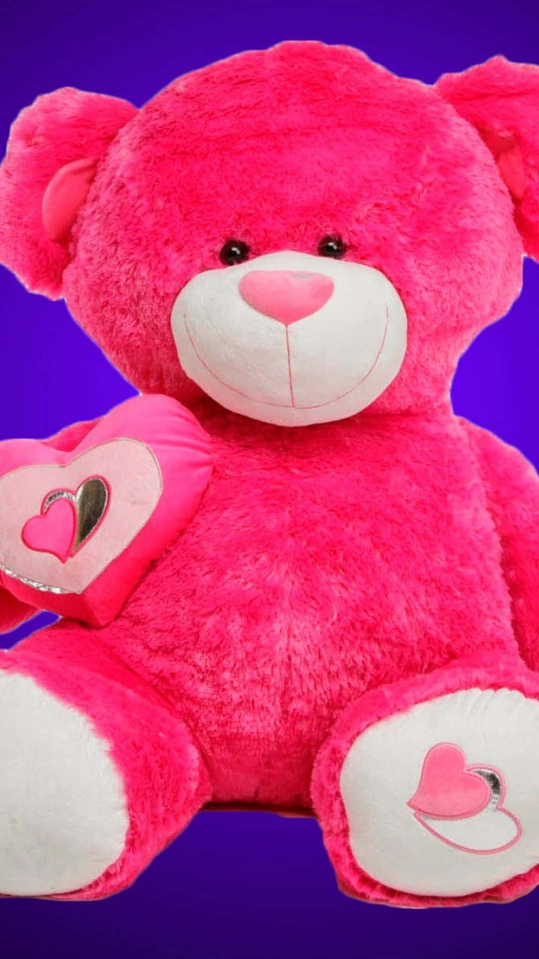 pink teddy bear, white paws, heart patches, Full HD Phone Wallpaper
