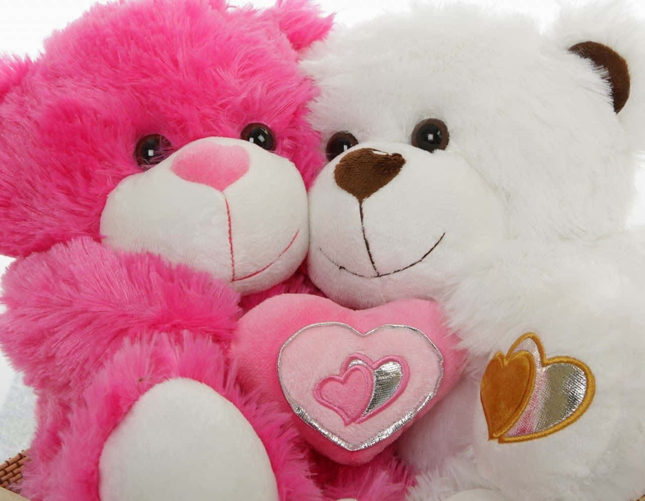 pink teddy bear, white snuggle, heart pillows, HD Desktop Wallpaper