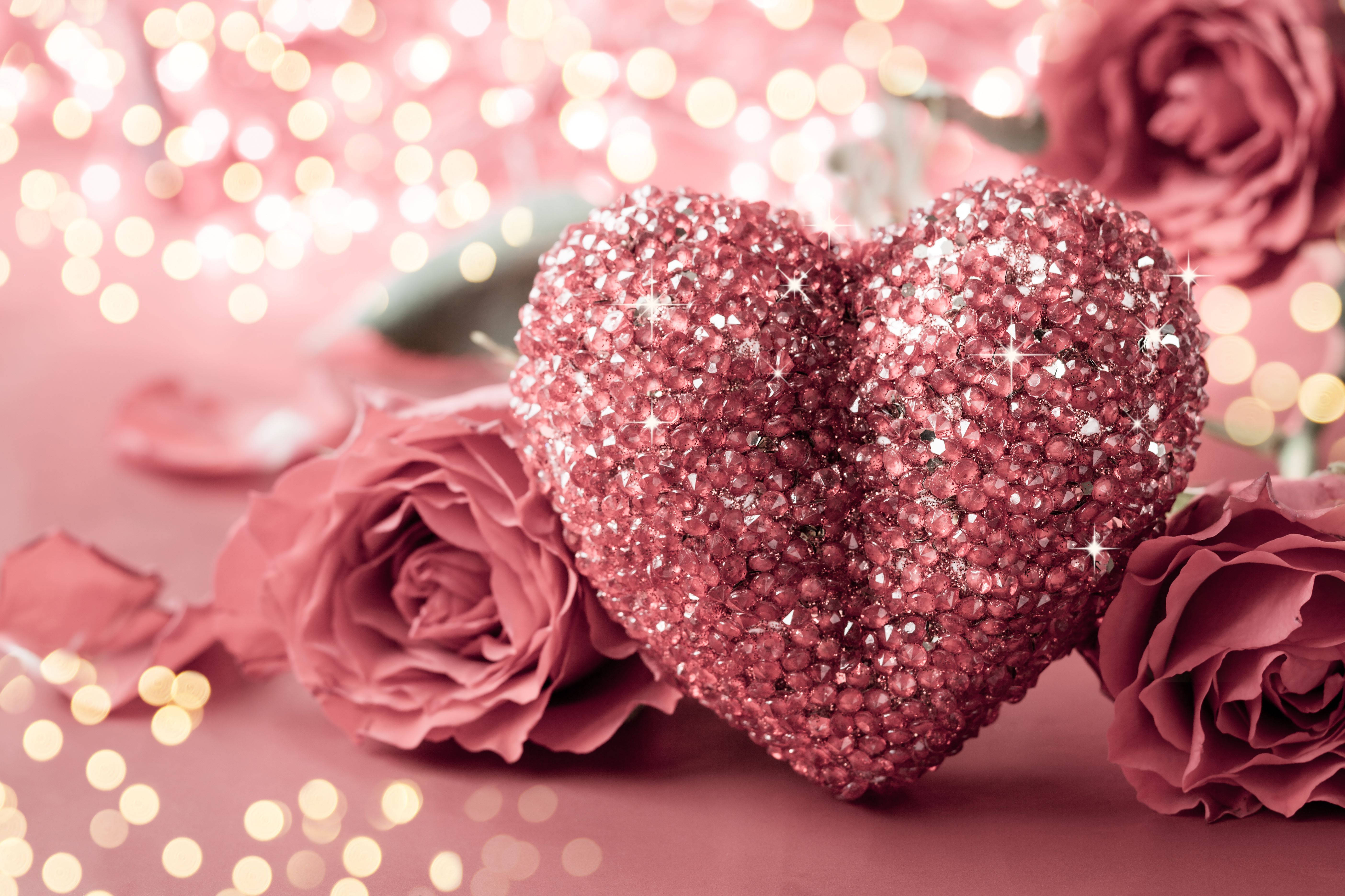 Valentines Day, pink heart, glitters, 5K Desktop Wallpaper