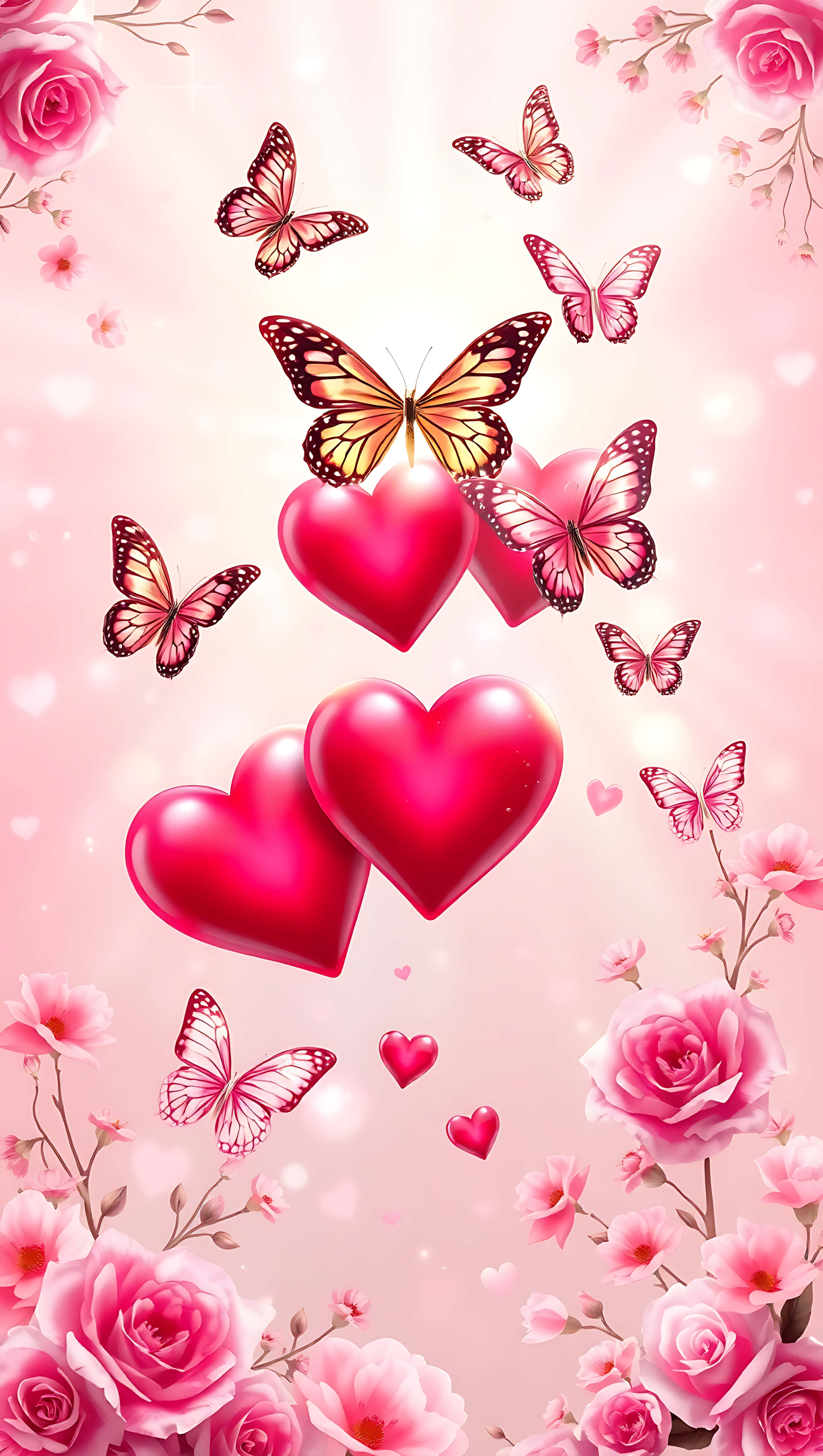 hearts, butterflies, roses, 5K Phone Wallpaper