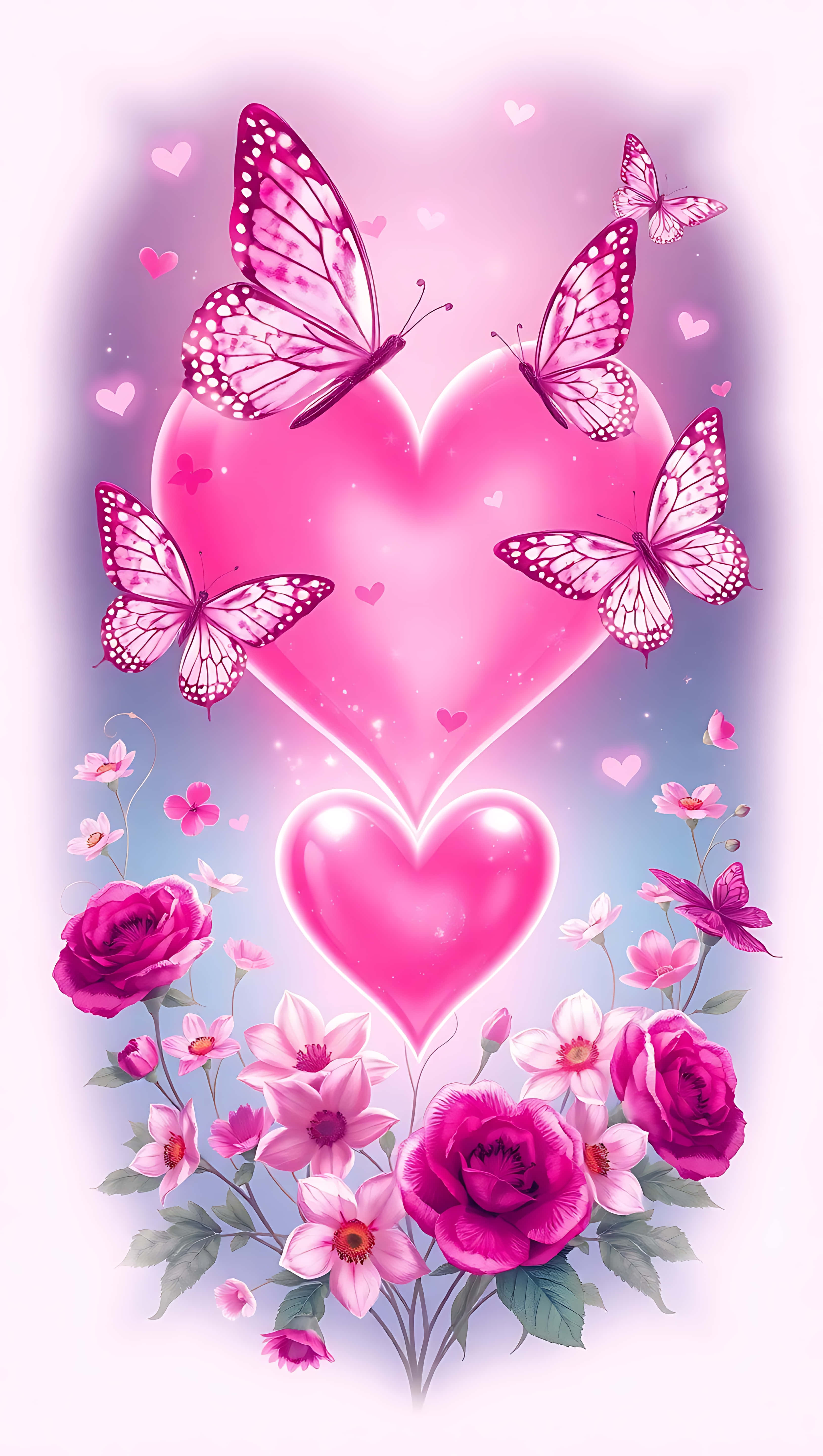 Enchanted Valentine’s Butterflies, pink hearts, pink roses, 5K Phone Wallpaper