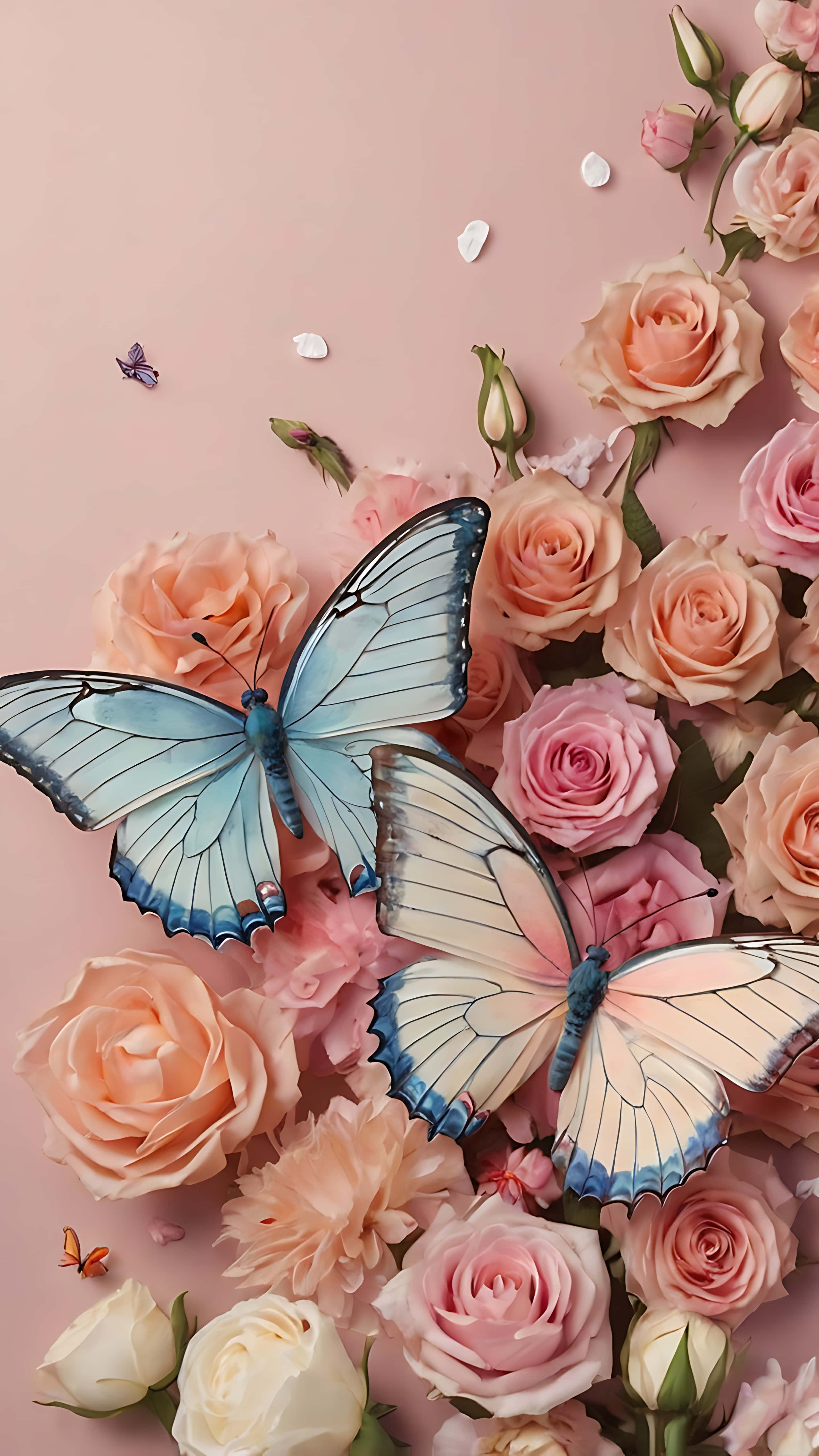 blue and white butterflies, soft pink peach and white roses, pastel pink background, 5K Phone Wallpaper
