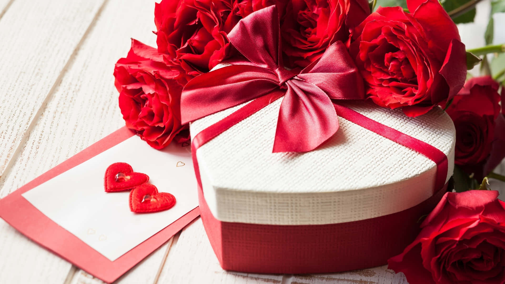 Valentines Day, white heart-shaped gift box, red ribbon, Full HD Desktop Wallpaper