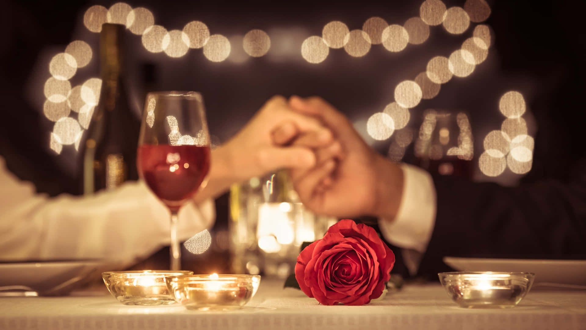 Valentines Day, candlelit table, red rose, Full HD Desktop Wallpaper