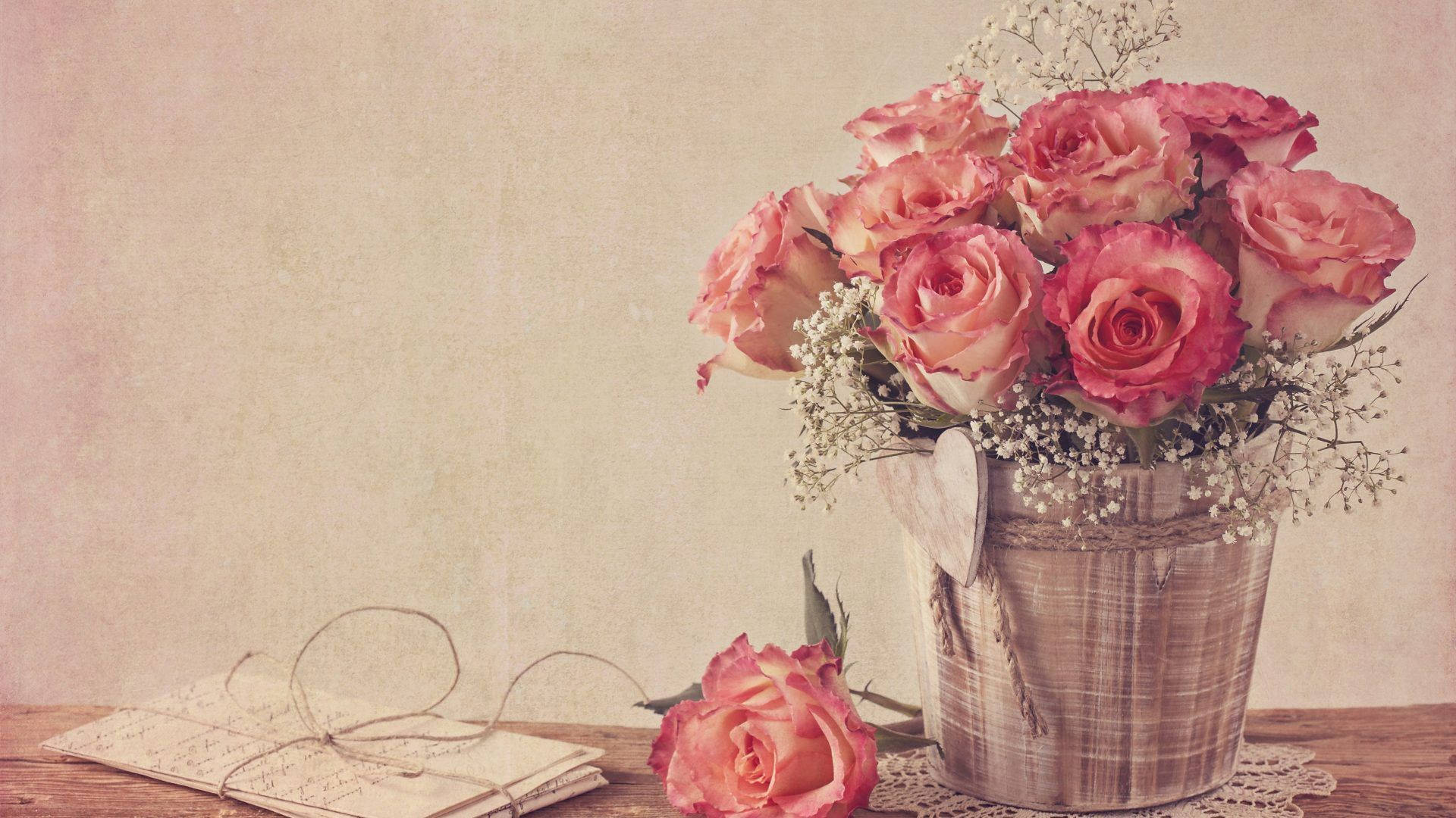 pink roses, baby's breath, rustic bucket, Full HD Desktop Wallpaper