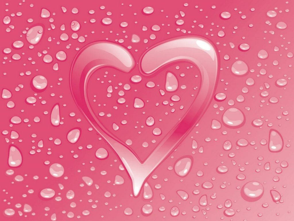 water droplets, heart shape, vibrant pink surface, SD Desktop Wallpaper