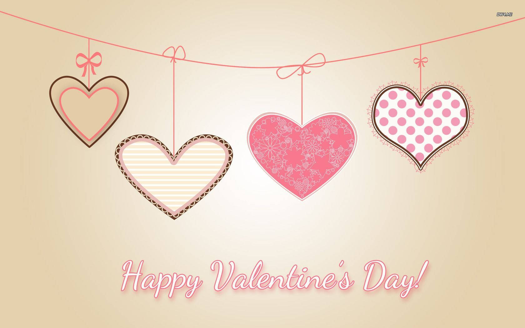 Valentine's Day greeting, pink string, four decorative hearts, HD Desktop Wallpaper