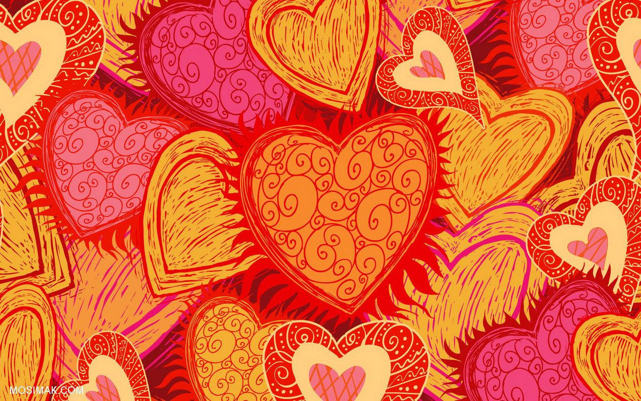 seamless hearts pattern, red, orange, SD Desktop Wallpaper