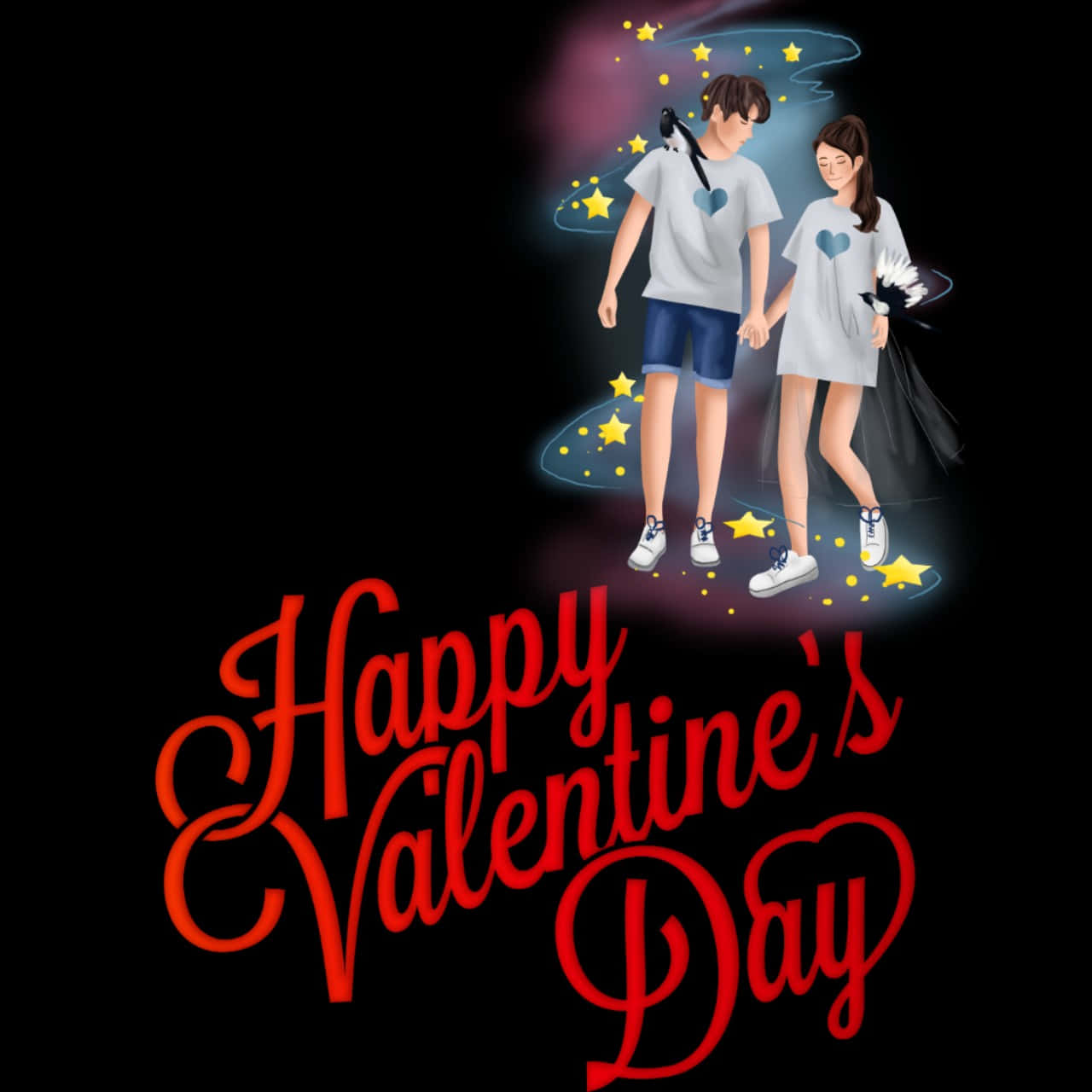 Cute Happy Valentine Day Anime Art, cartoon couple, starry sky, HD Desktop Wallpaper