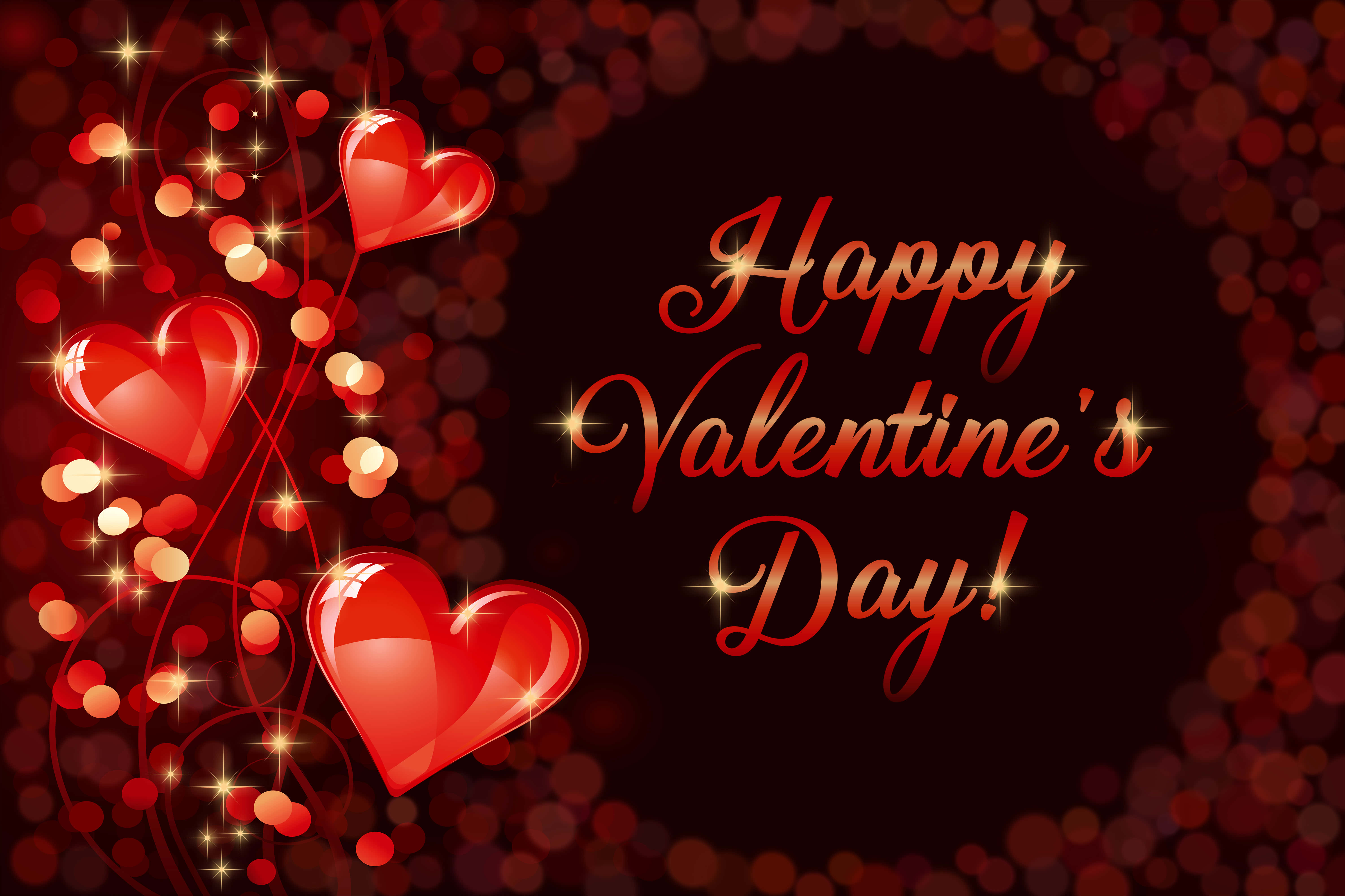 Glossy red hearts, sparkling lights, dark red bokeh background, 5K Desktop Wallpaper