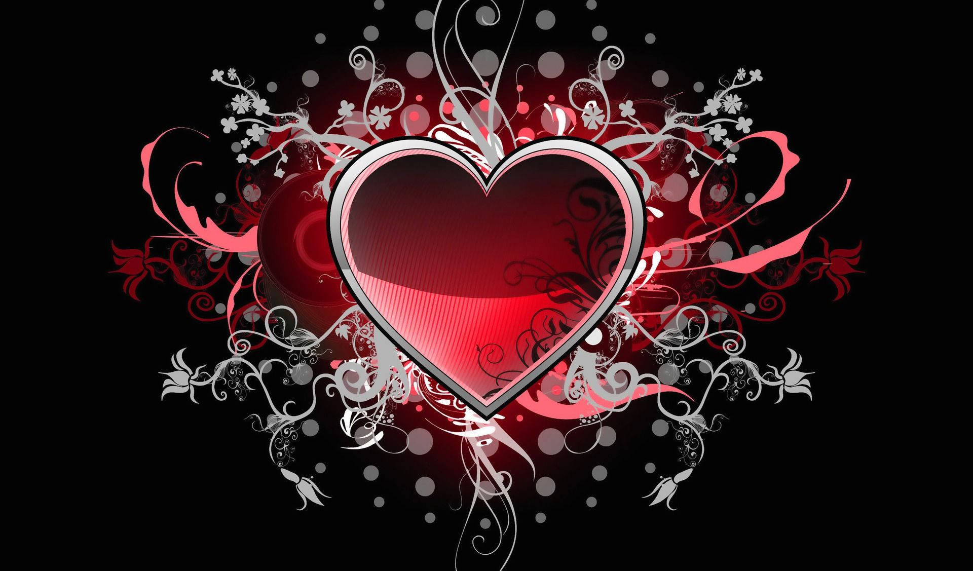 glowing red heart, silver trim, black background, Full HD Desktop Wallpaper