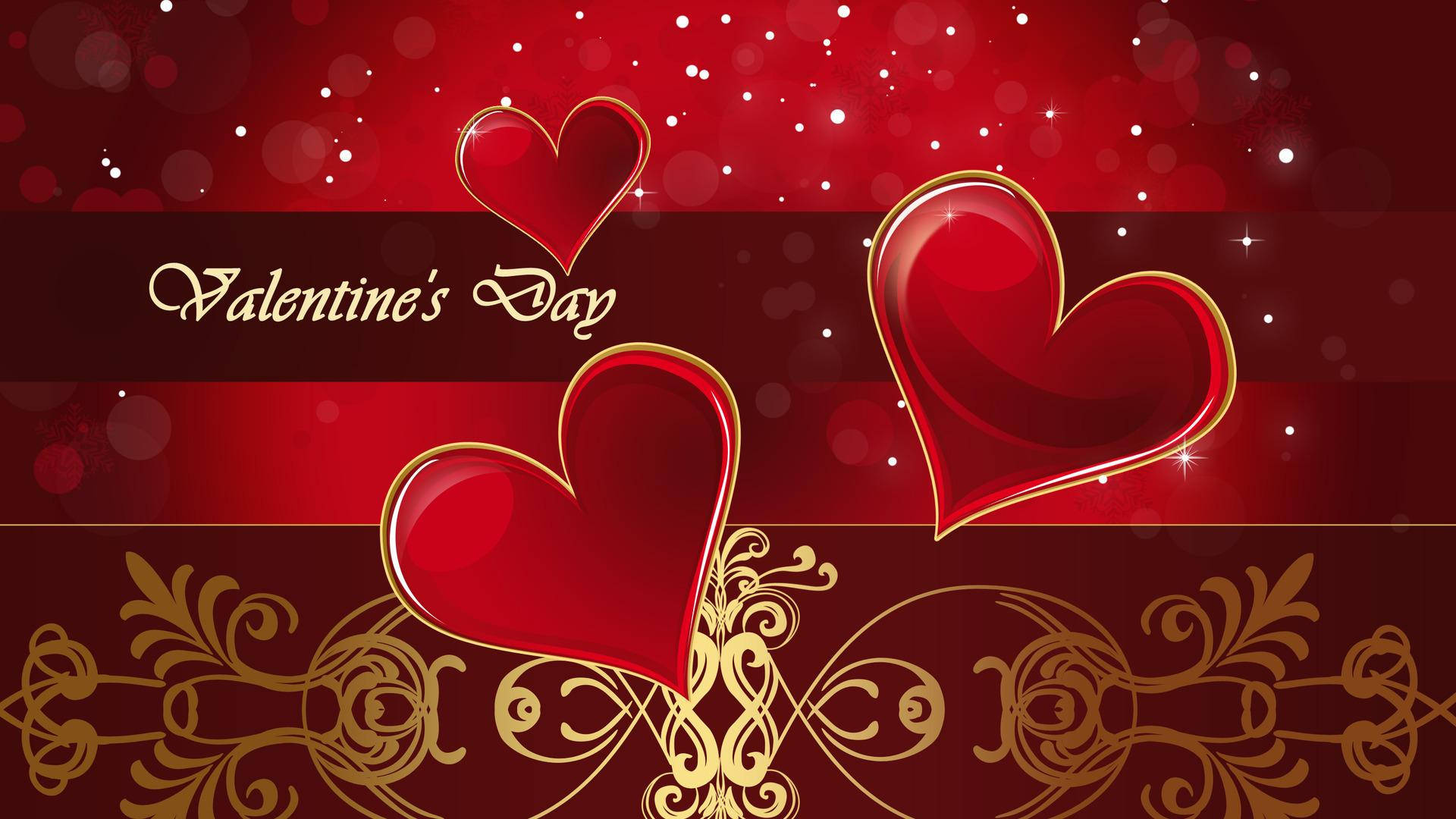 three hearts, glossy red hearts, gold outlines, Full HD Desktop Wallpaper