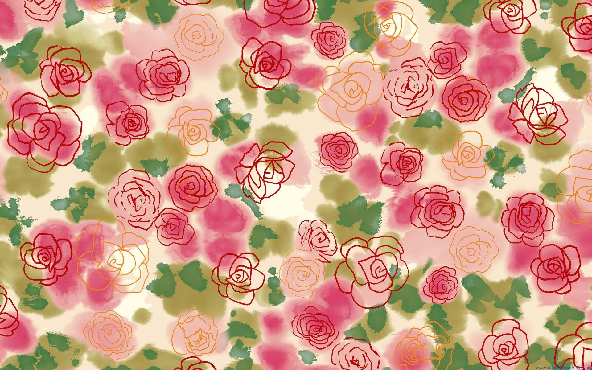 rose pattern, pink and orange roses, green leaves, Full HD Desktop Wallpaper
