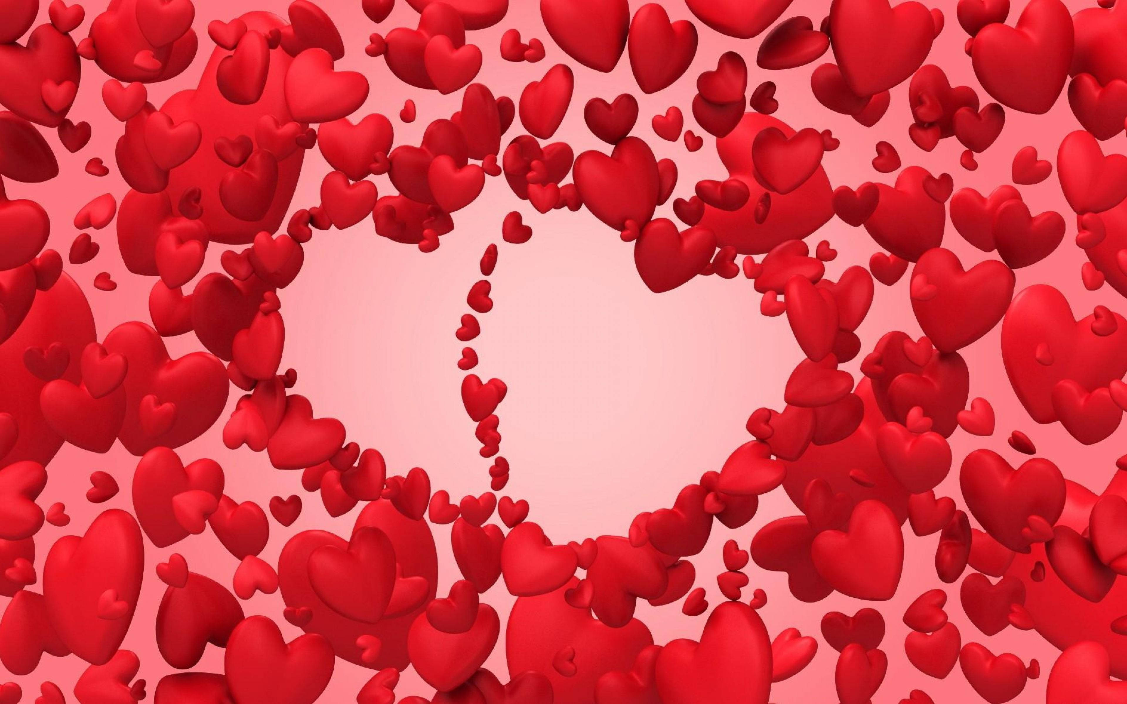 3D Valentine's Hearts Desktop, heart-shaped frame, floating red hearts, 4K Desktop Wallpaper