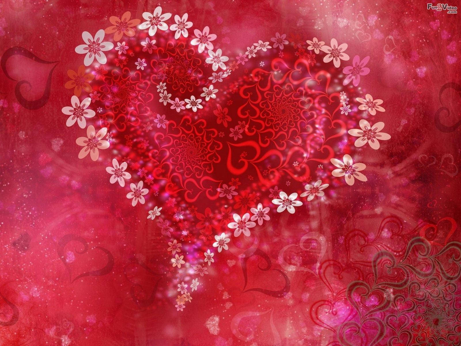 vibrant red heart, delicate white flowers, swirling patterns, HD Desktop Wallpaper