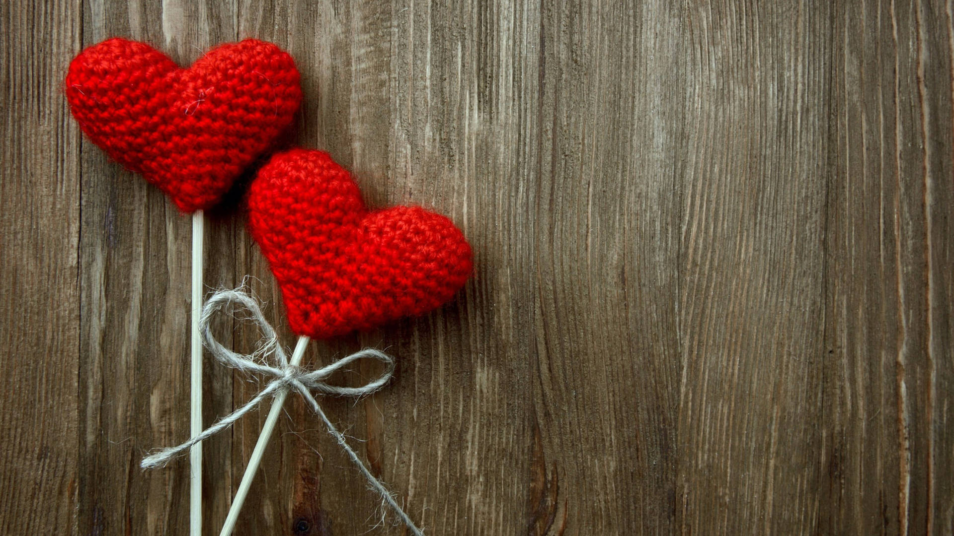 Valentines Day, red crocheted hearts, twine, Full HD Desktop Wallpaper