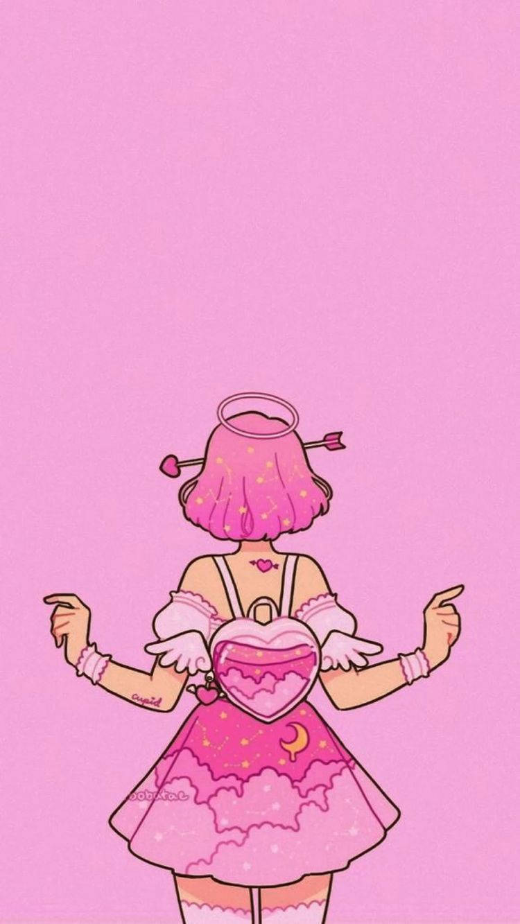 pink hair, angel wings, heart-shaped backpack, HD Phone Wallpaper