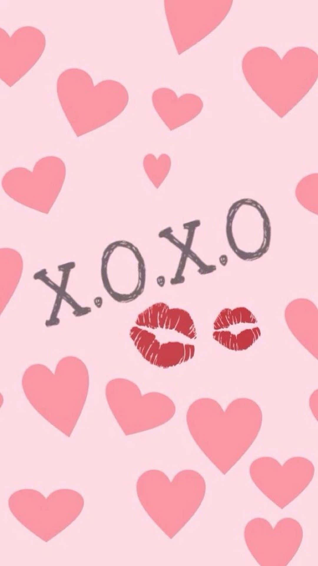Valentine's Day Phone Xoxo Kiss, pink background, scattered hearts, Full HD Phone Wallpaper