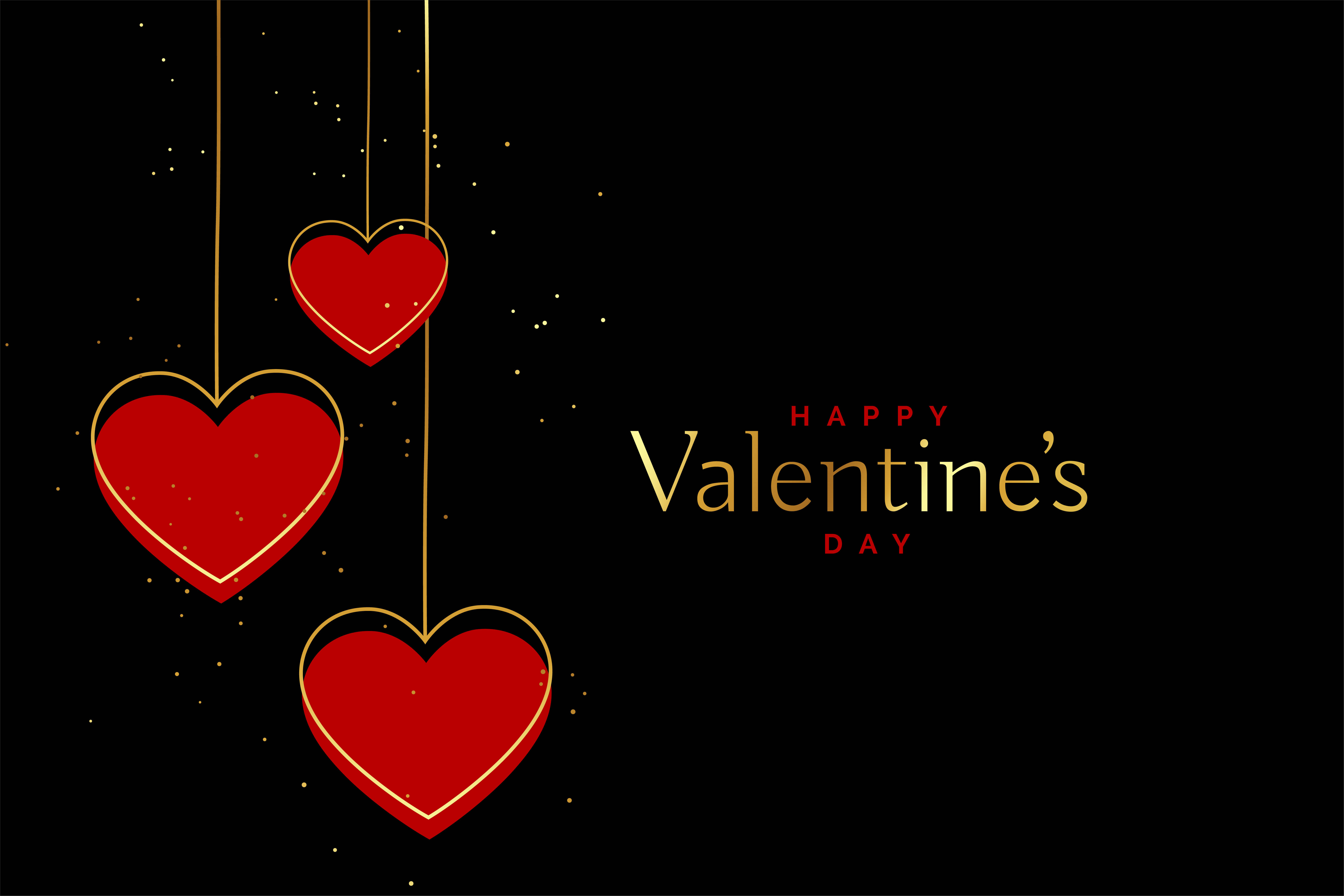 Black Valentine's Day, red hearts, gold outlines, 5K Desktop Wallpaper