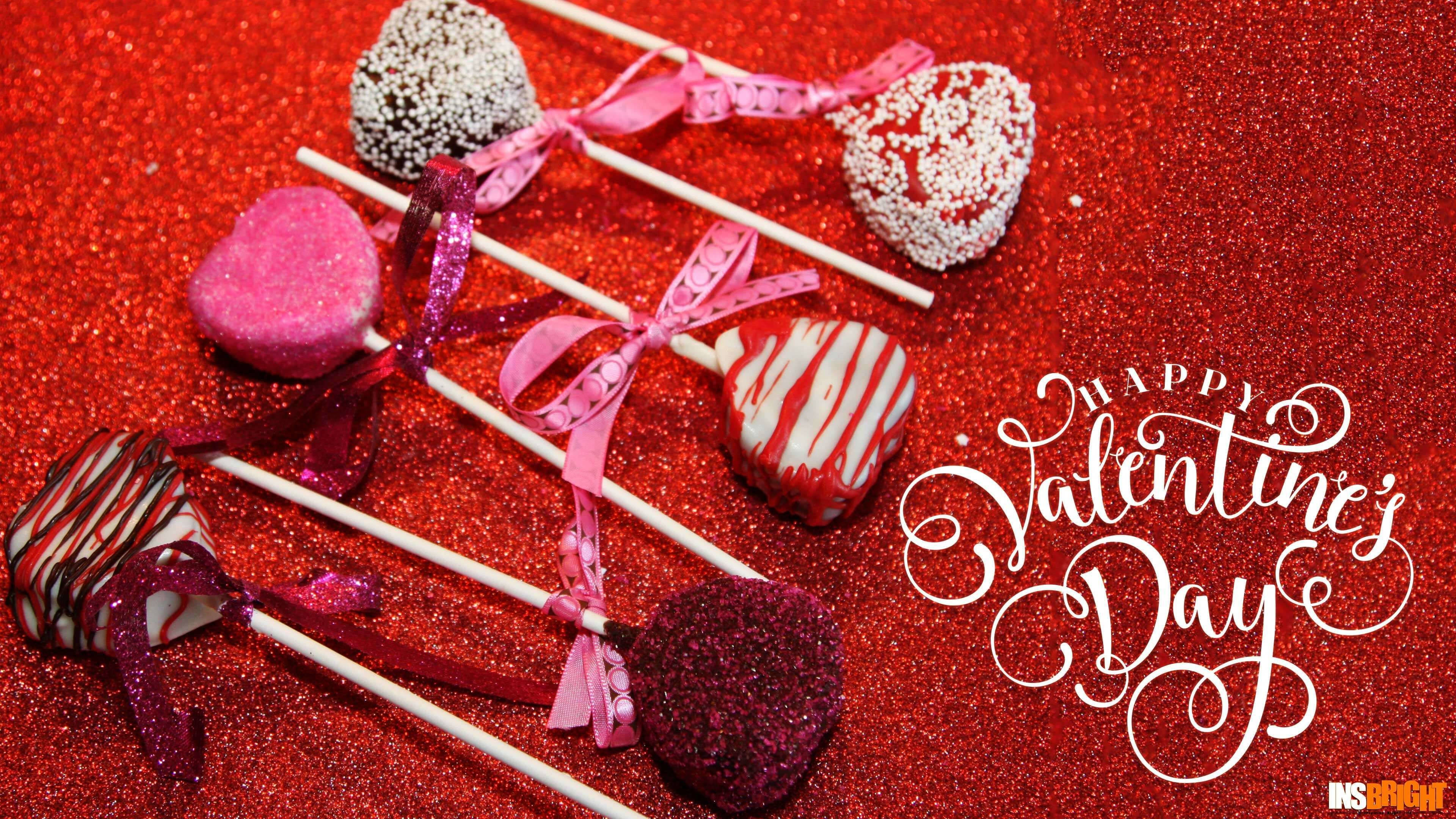 Valentine's Lollipop Hearts, heart-shaped chocolate lollipops, pink ribbons, 4K Desktop Wallpaper