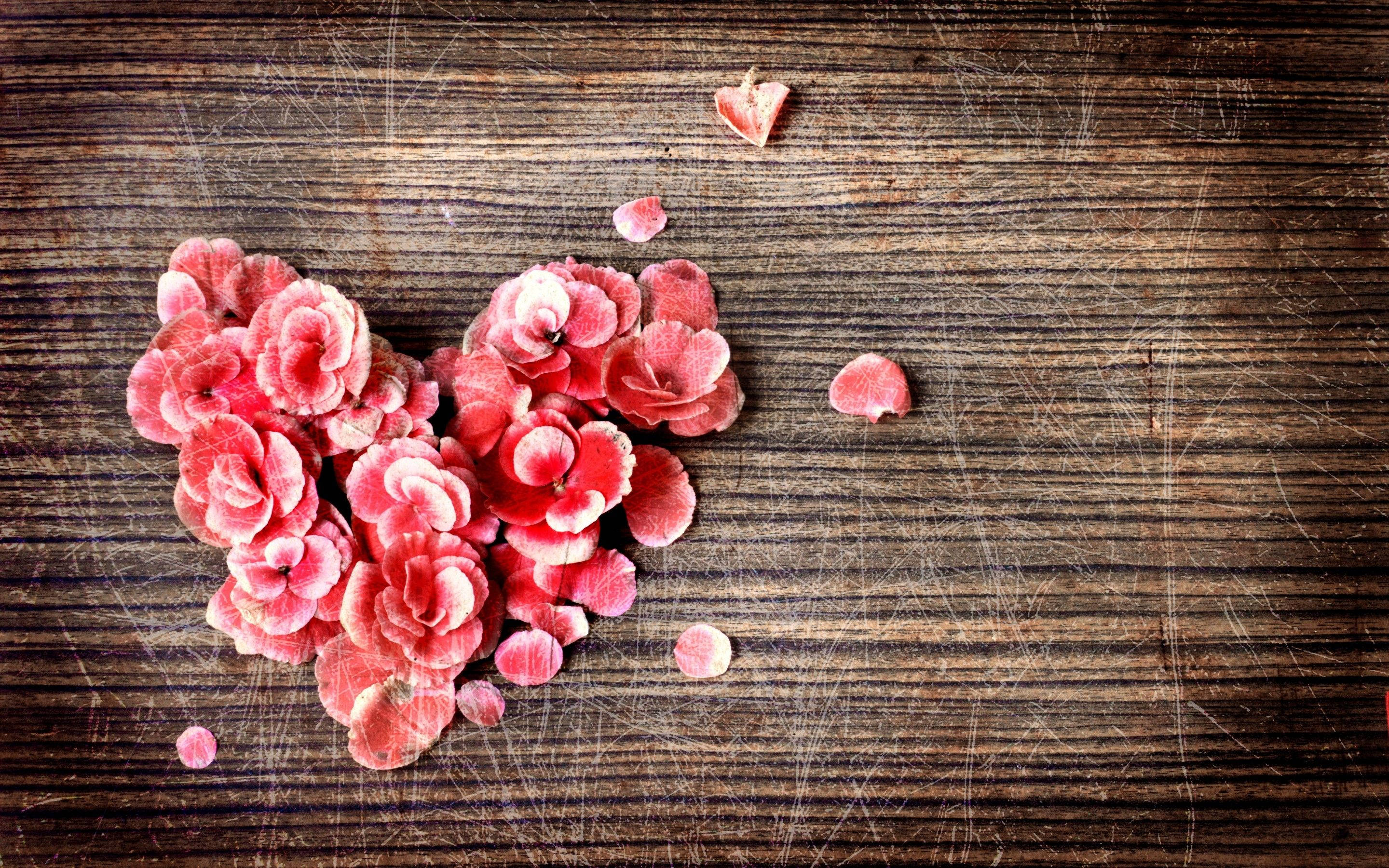 pink flowers, heart shape, weathered wooden surface, 2K Desktop Wallpaper