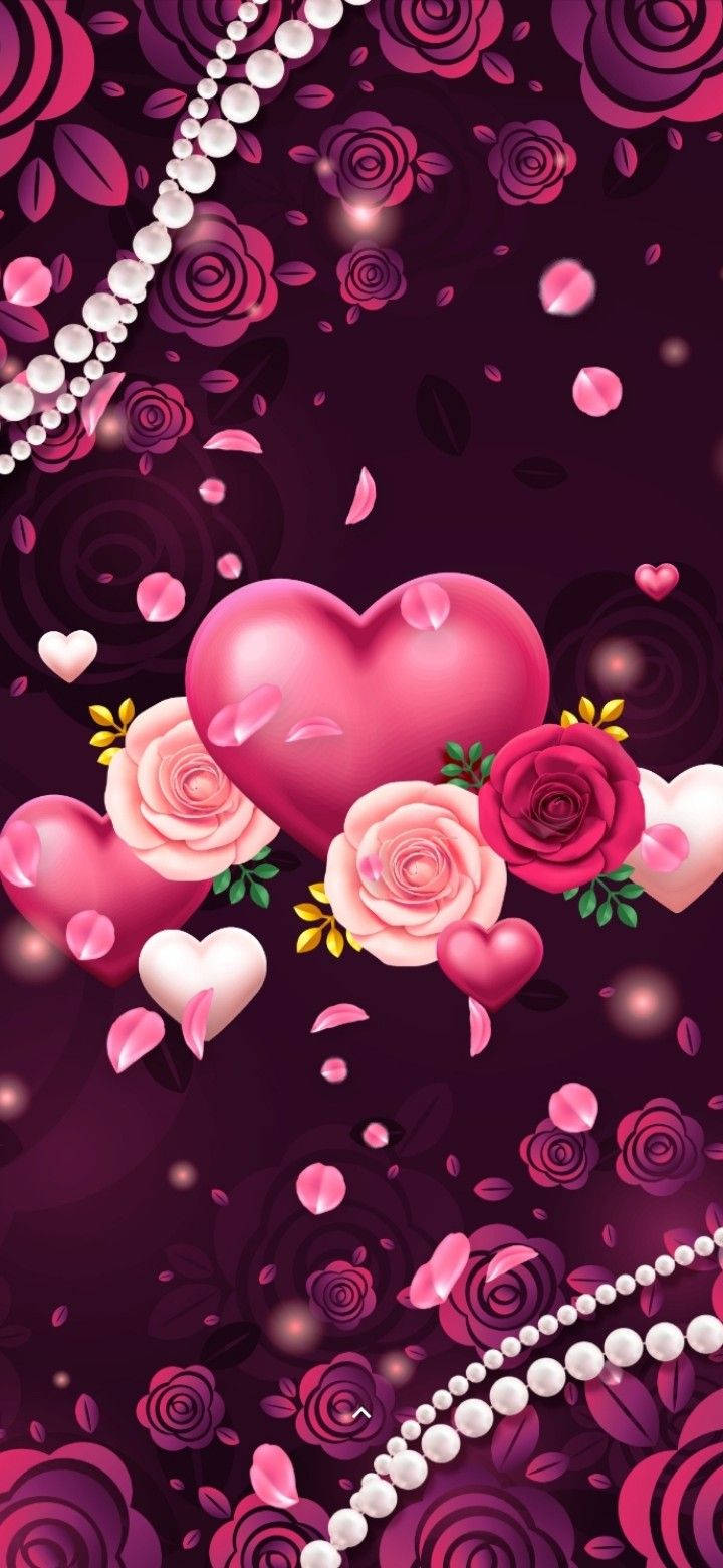 pink 3d iphone hearts and flowers, pink hearts, roses, HD Phone Wallpaper
