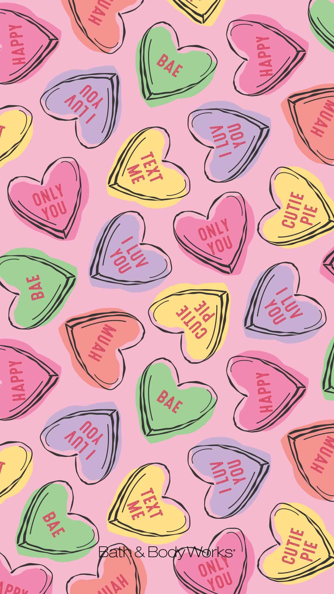 Valentine's Heart Terms Pattern, vibrant pink background, colorful heart-shaped candies, Full HD Phone Wallpaper