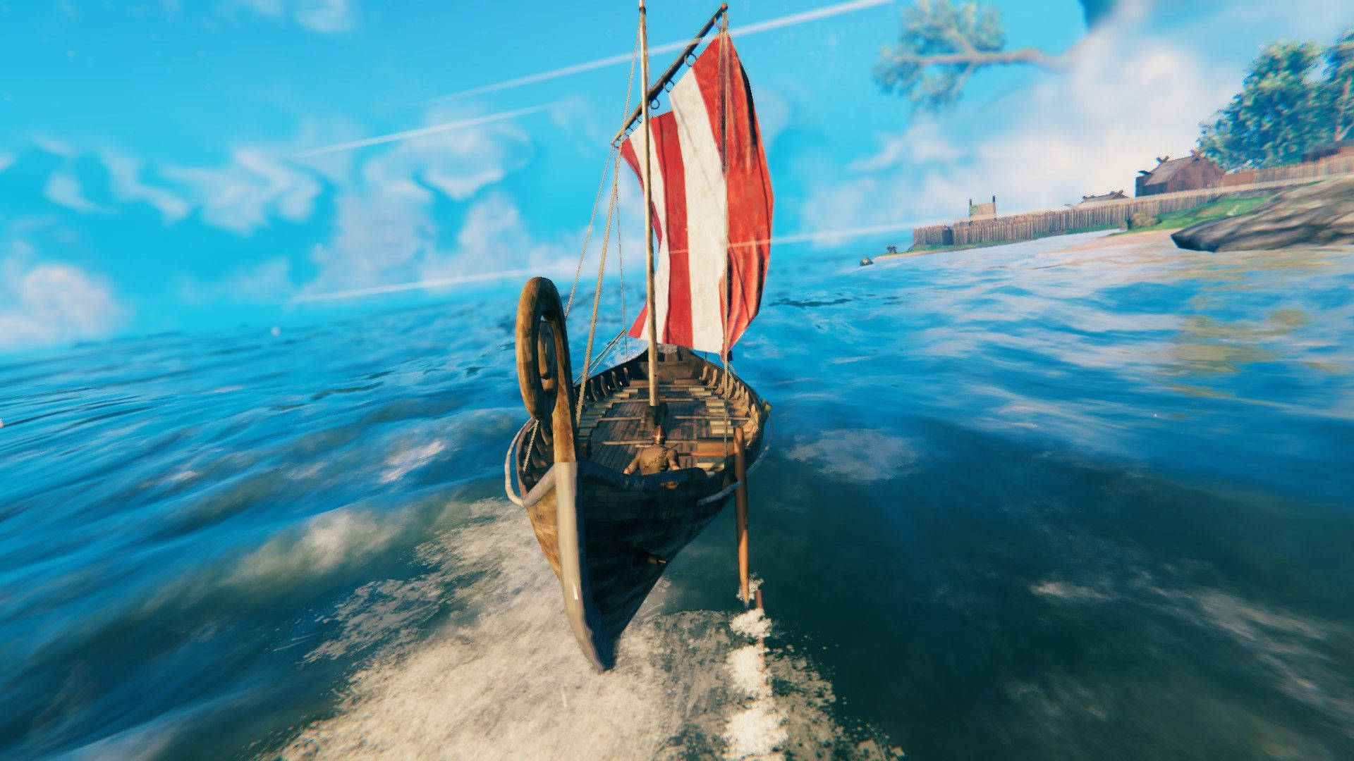 Valheim, longboat, red and white striped sail, Full HD Desktop Wallpaper