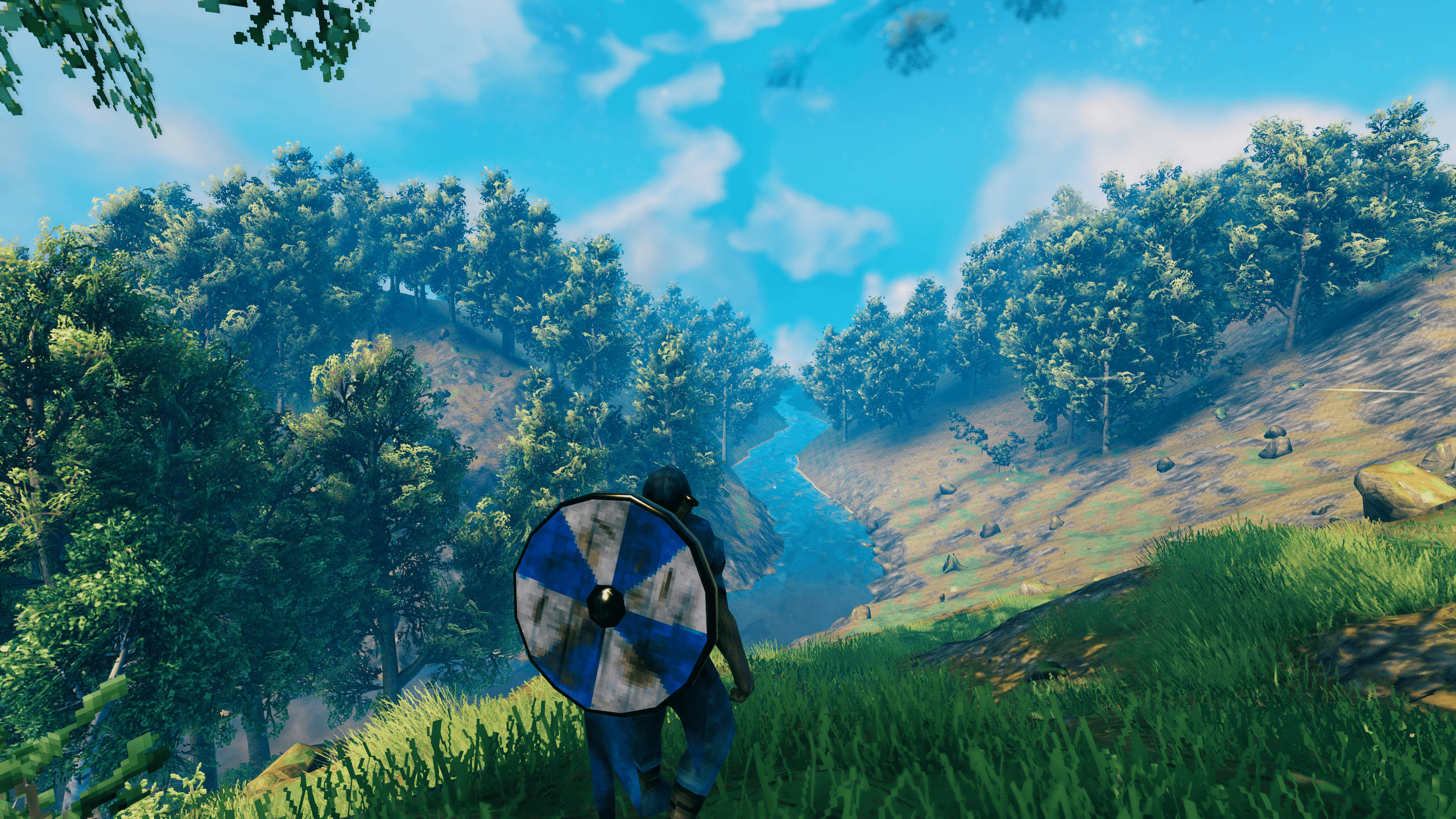Valheim, warrior, blue and white shield, 2K Desktop Wallpaper