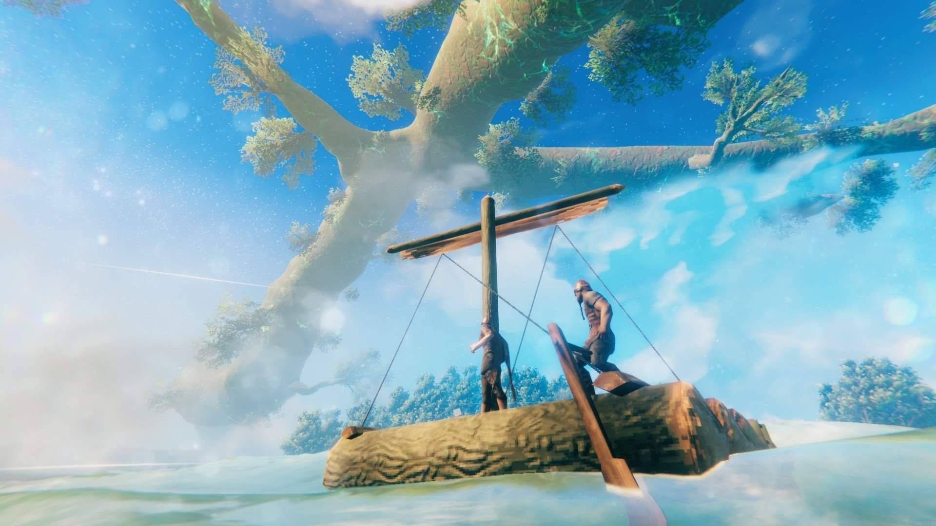 Valheim, ocean biome, floating log raft, Full HD Desktop Wallpaper