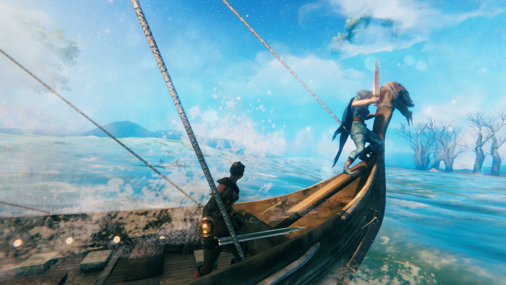 Valheim, longboat, bright blue ocean, Full HD Desktop Wallpaper