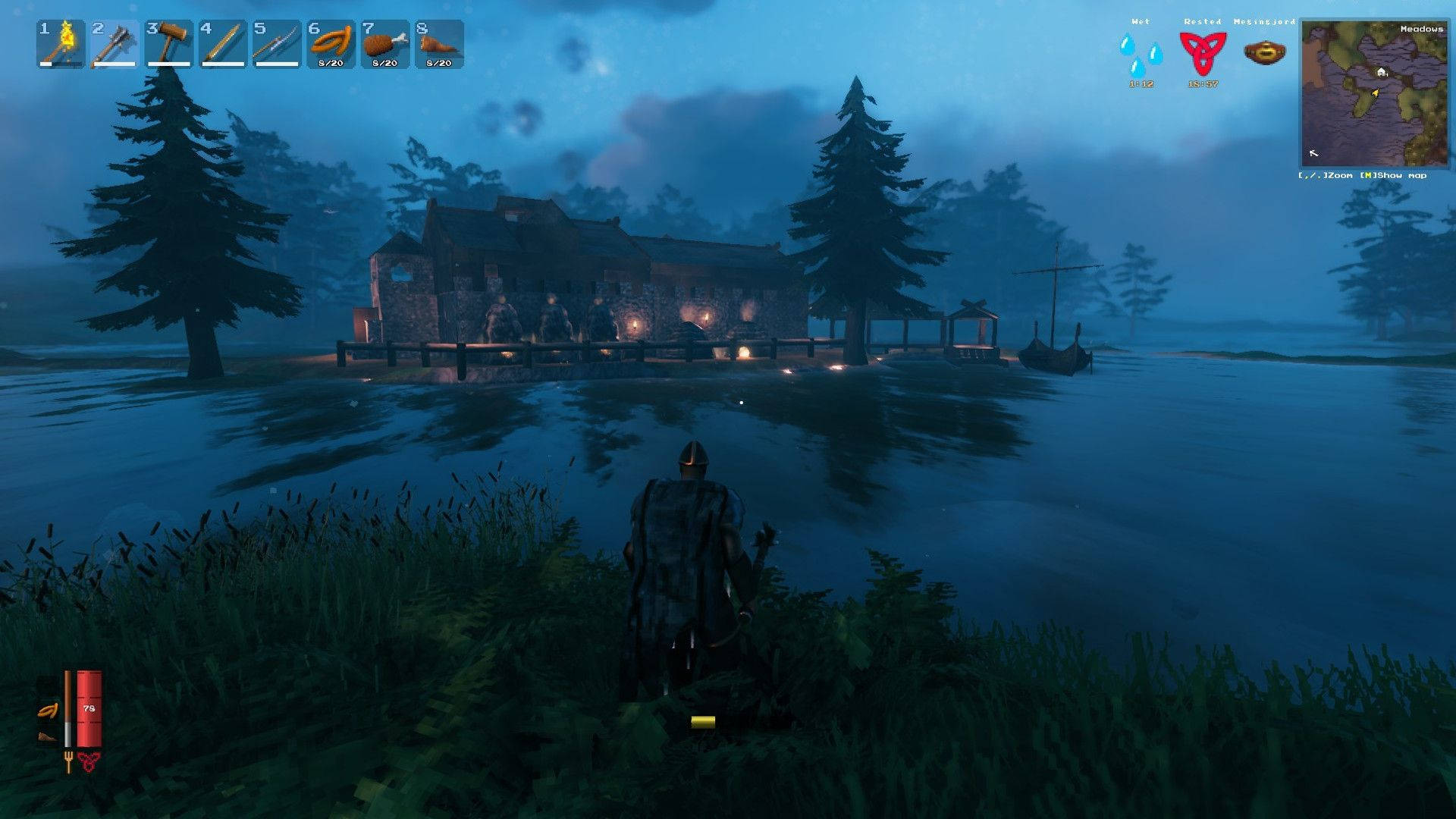 Valheim, lakeside house, rustic wooden house, Full HD Desktop Wallpaper