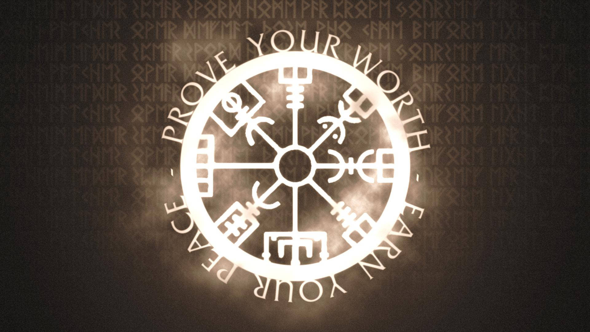 Valheim, PROVE YOUR WORTH EARN YOUR PEACE, glowing white circular emblem, Full HD Desktop Wallpaper